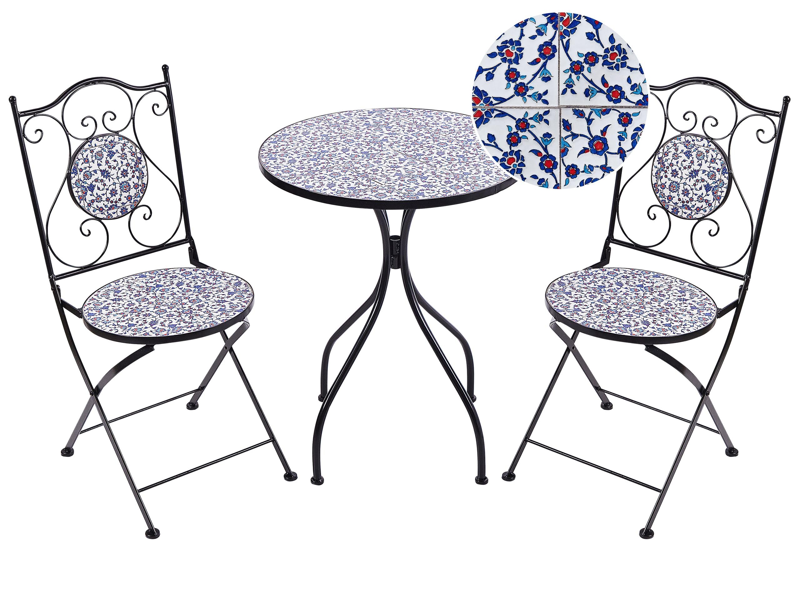Beliani Conjunto de balcón jardín Exterior Metal Estilo Vintage patrón Mosaico Estructura de Hierro Negro Azul Camprena