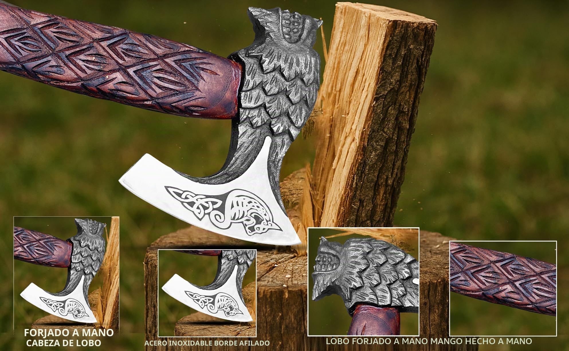 Novahaven Hacha vikinga forjada a mano de lujo – Hoja de acero al carbono de 22 pulgadas con mango de madera de fresno tallada | Hacha artesanal al aire libre para coleccionistas, camping e ideas de