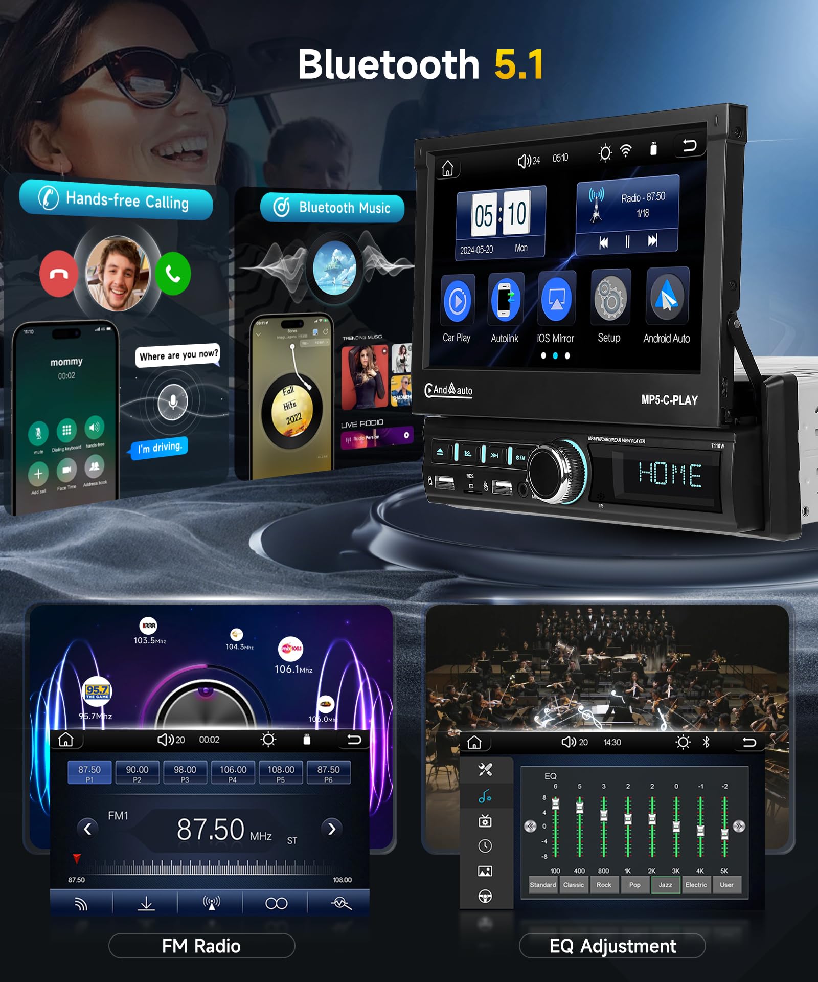 VECHTEL Radio para Coche 1 DIN Carplay Android Auto Inalámbrico con Pantalla retráctil eléctrica 7“,Radio FM 1 DIN con Bluetooth,GPS/Navegación,Mirror Link 2 USB/AUX/SD con cámara de visión Trasera