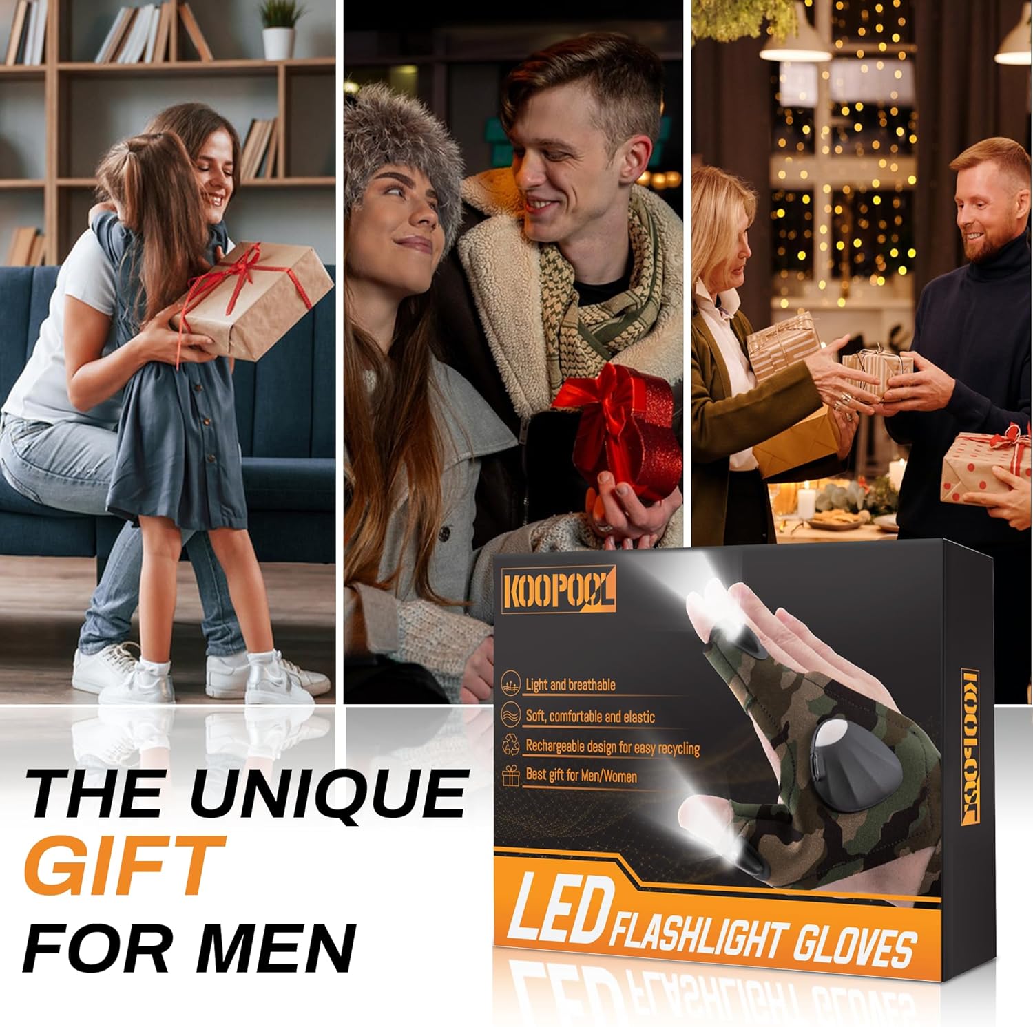 KOOPOOL LED Rechargeable Flashlight Gloves Outdoor Fishing Gloves Cool Gadgets Tools Glove Lights Finger Unique Birthday Gifts Stocking Stuffers for Men Dad Father Husband, - Image 2