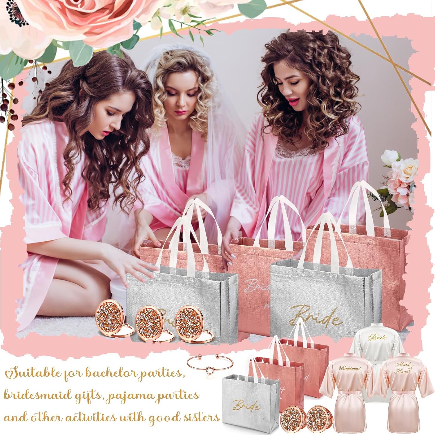 Toulite 48 Pcs Bridesmaid Robe Sets Silk Satin Bride Party Robes with Bachelorette Gift Handbags Knot Bracelets Hair Ties Rhinestone Mirrors and Socks for Bridesmaid Wedding Bachelorette Party