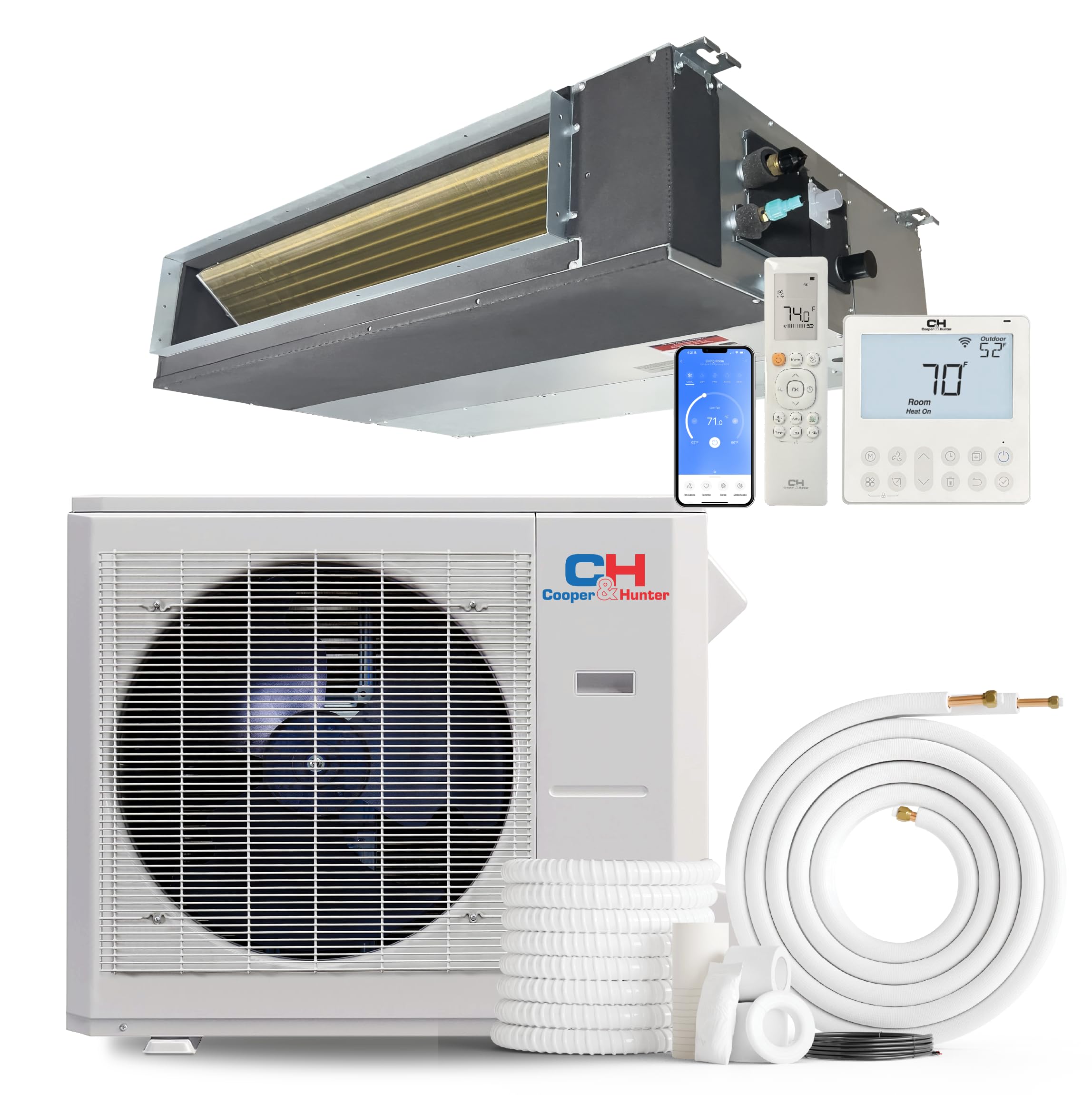 Cooper & Hunter 36,000 BTU Concealed Slim Duct Mini Split AC/Heating system, Built-in Water Pump, Pre-Charged, Including 25ft Installation Kit, Remote, and Wall Thermostat