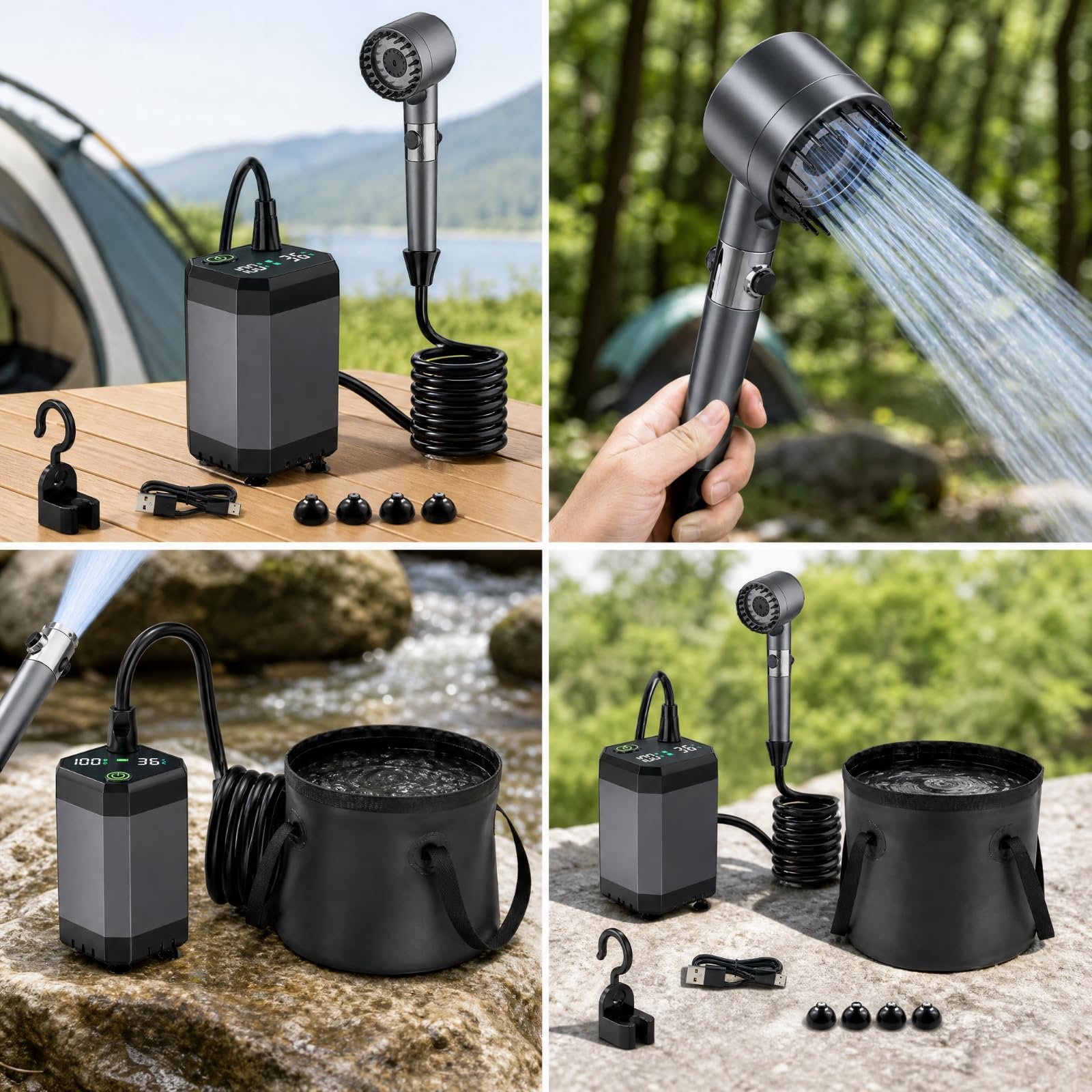 Ducha Portátil con Bomba Recargable Compacto Ducha Portátil con Baría Recargable sin Cable para Acampada, Gris