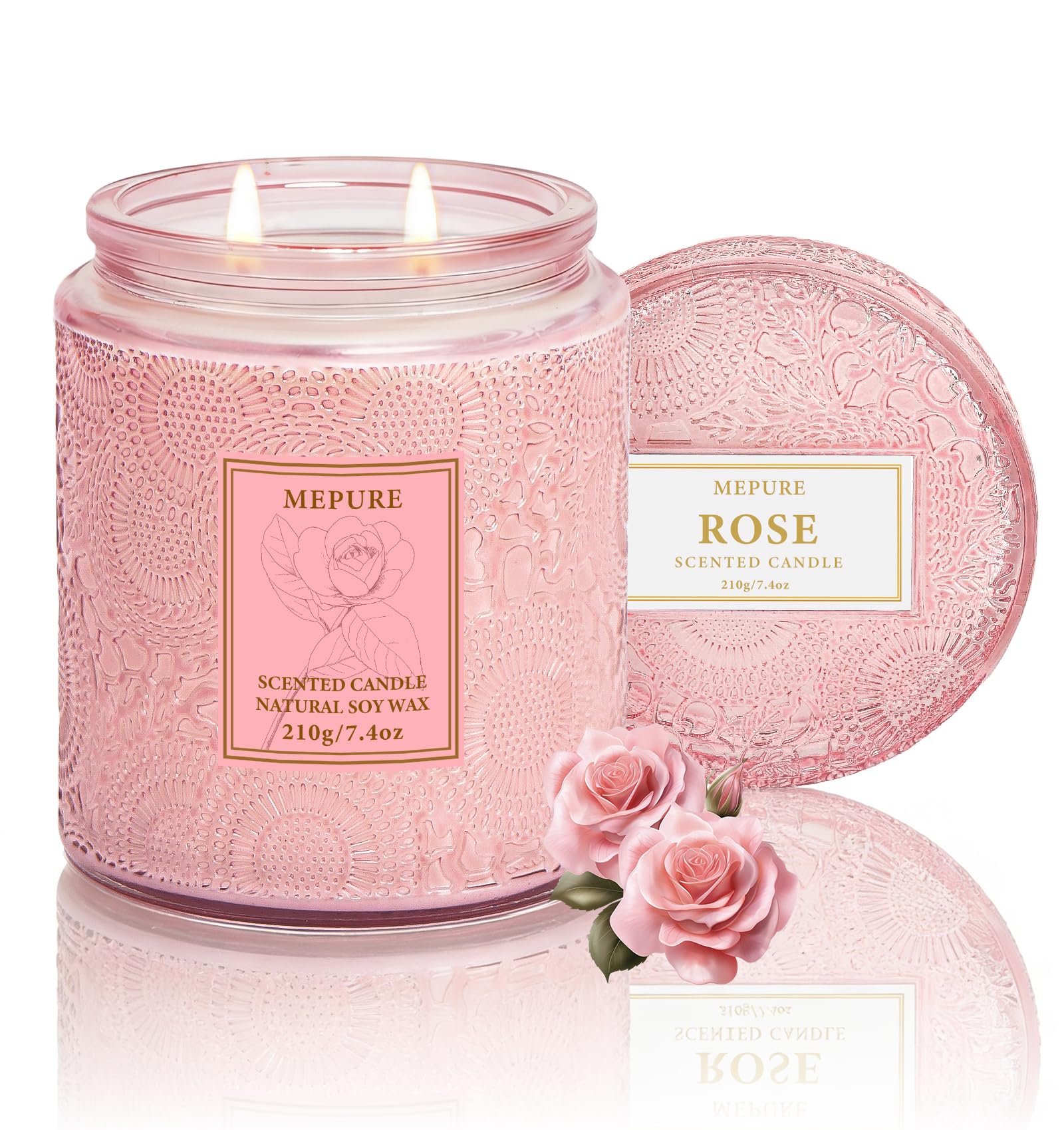 Rose Soy Wax Scented Candle, 210g Hand-Poured, Double Cotton Wicks, Soft Herbal Floral Scent, Medium Strength, Clean-Burning Textured Glass Jar for Relaxation & Gifting