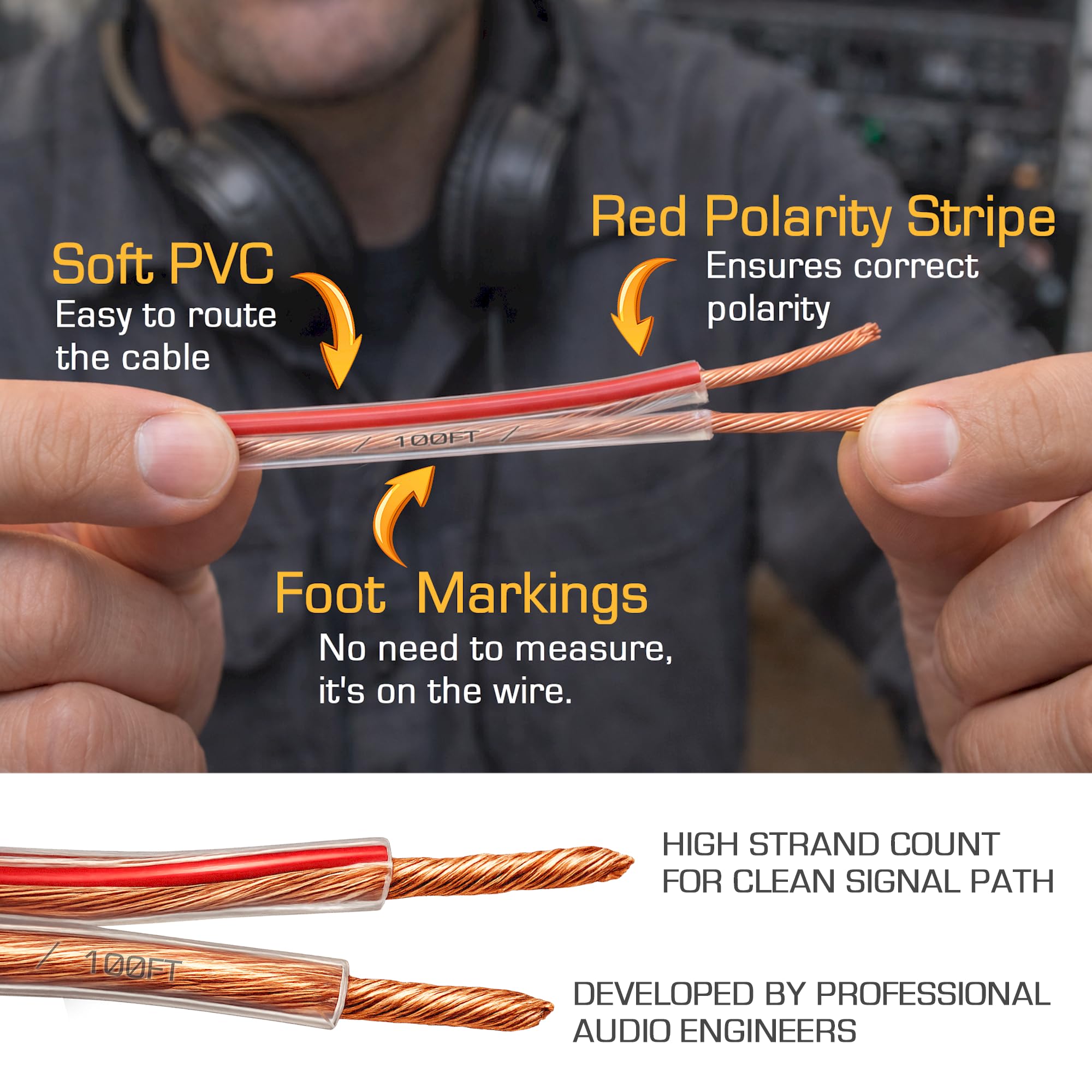 Kinter Cable 100ft 16-Gauge Audio Stereo Speaker Wire Cable, 100 Feet, 30.48 Meters, 2 Conductor, Polarity Marked, Flexible Clear PVC, CCA, Home Theater, HiFi, Surround or Auto Amps