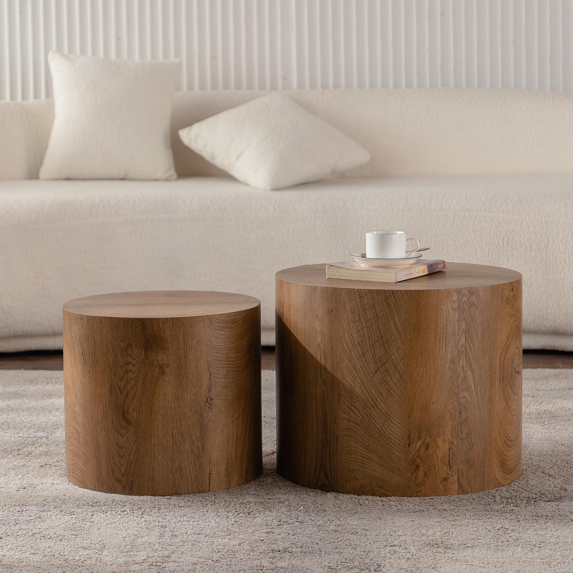 Henf Round Coffee Table Set of 2, Farmhouse Nesting Coffee Table Set with Non-Slip Feet,Wooden Circle Coffee End Side Table for Small Spaces Living