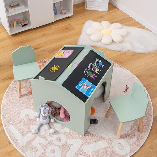 Miniatura 2 de Costzon Juego de mesa y silla para niños juego de mesa de madera de 3 piezas para niños pequeños con pizarras para artes manualidades lectura dibujo