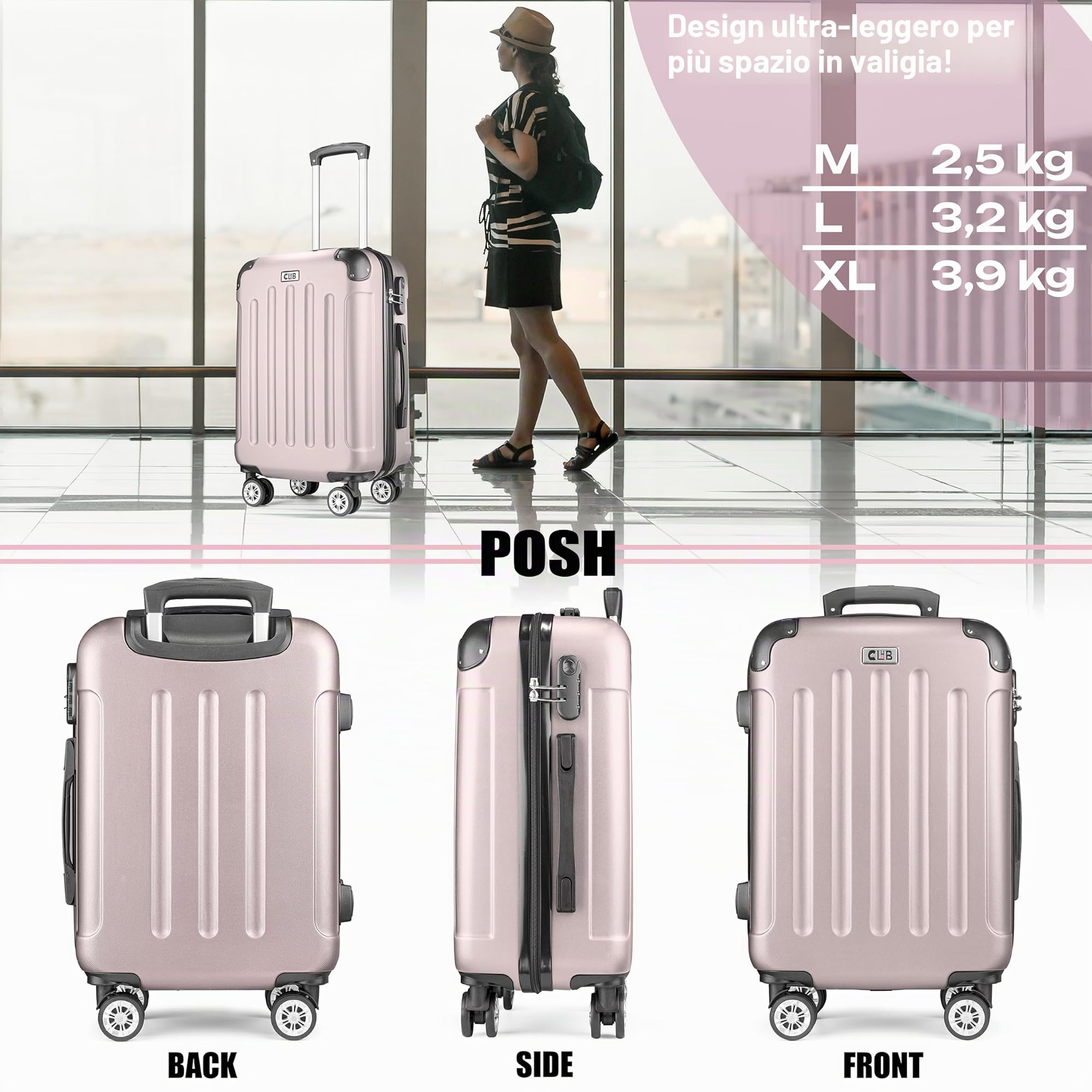 POSH Valigia rigida con ruote trolley bagaglio a mano, grande, media, piccola in ABS, Set di valigie leggere da 3 pezzi nelle misure M-L-XL (rosa cipria, M)