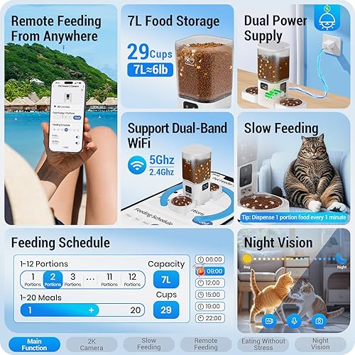 Miniatura 2 de Comedero automático para gatos 5G WiFi con dos cámaras HD: alimentador automático para perros de 7 litros con visión nocturna, dispensador