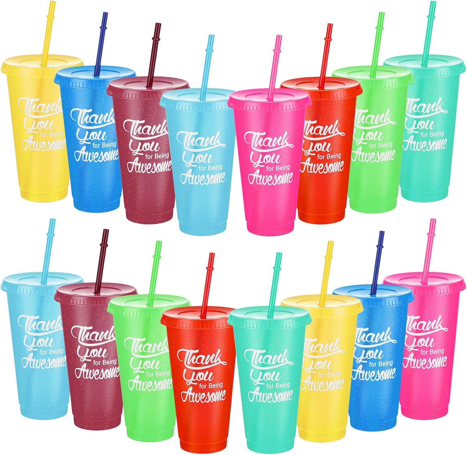 Sieral 16 Pcs Employees Appreciation Gifts Bulk Thank You Cups with Lids and Straws 24 oz Plastic Tumbler Travel Mugs Inspirational Gifts for Coworker Stuff Teacher (Bright Color)