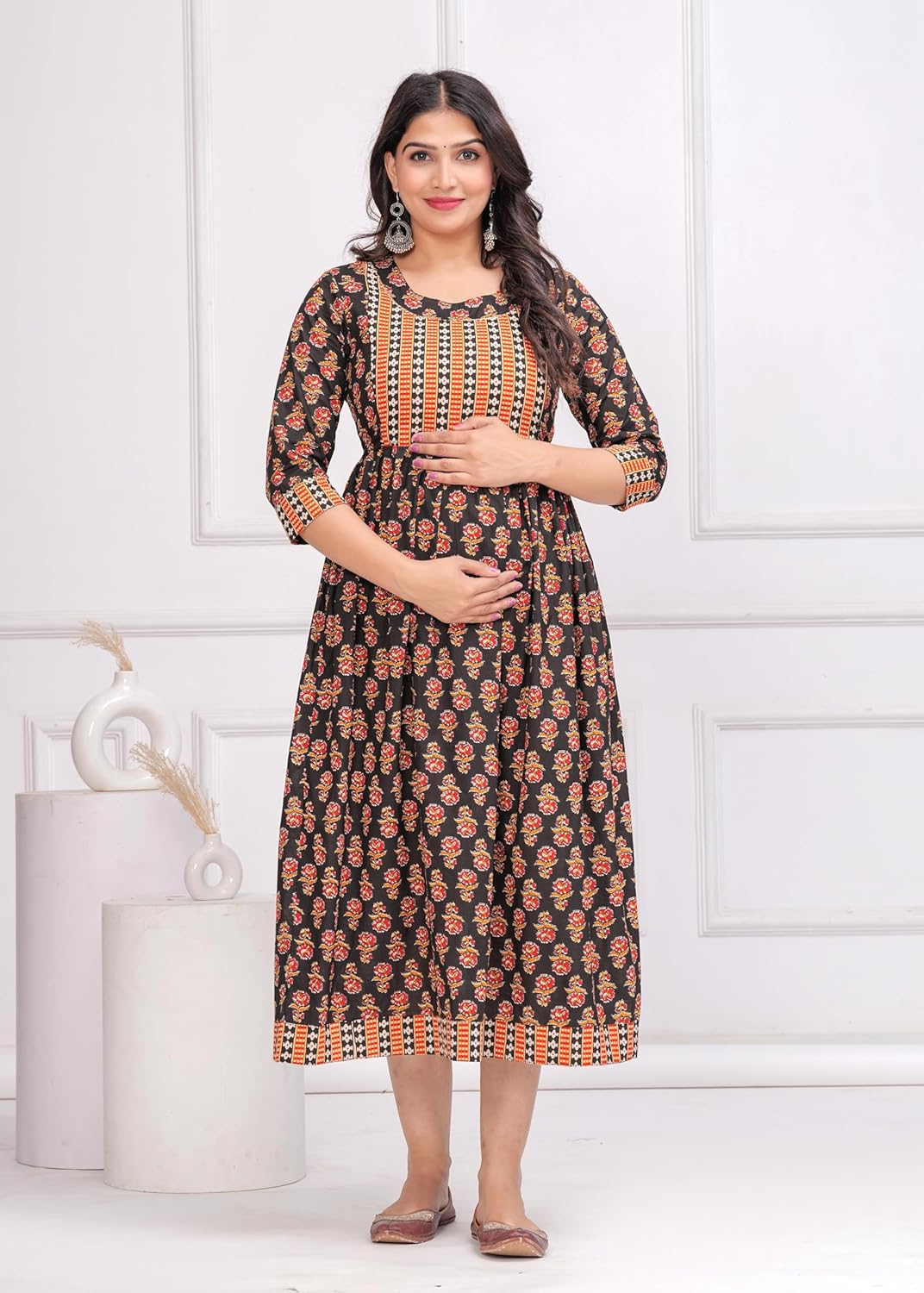Women's Maternity Dress Kurti for Pregnancy Women with Breastfeeding Dress with Floral Maxi Maternity Dress