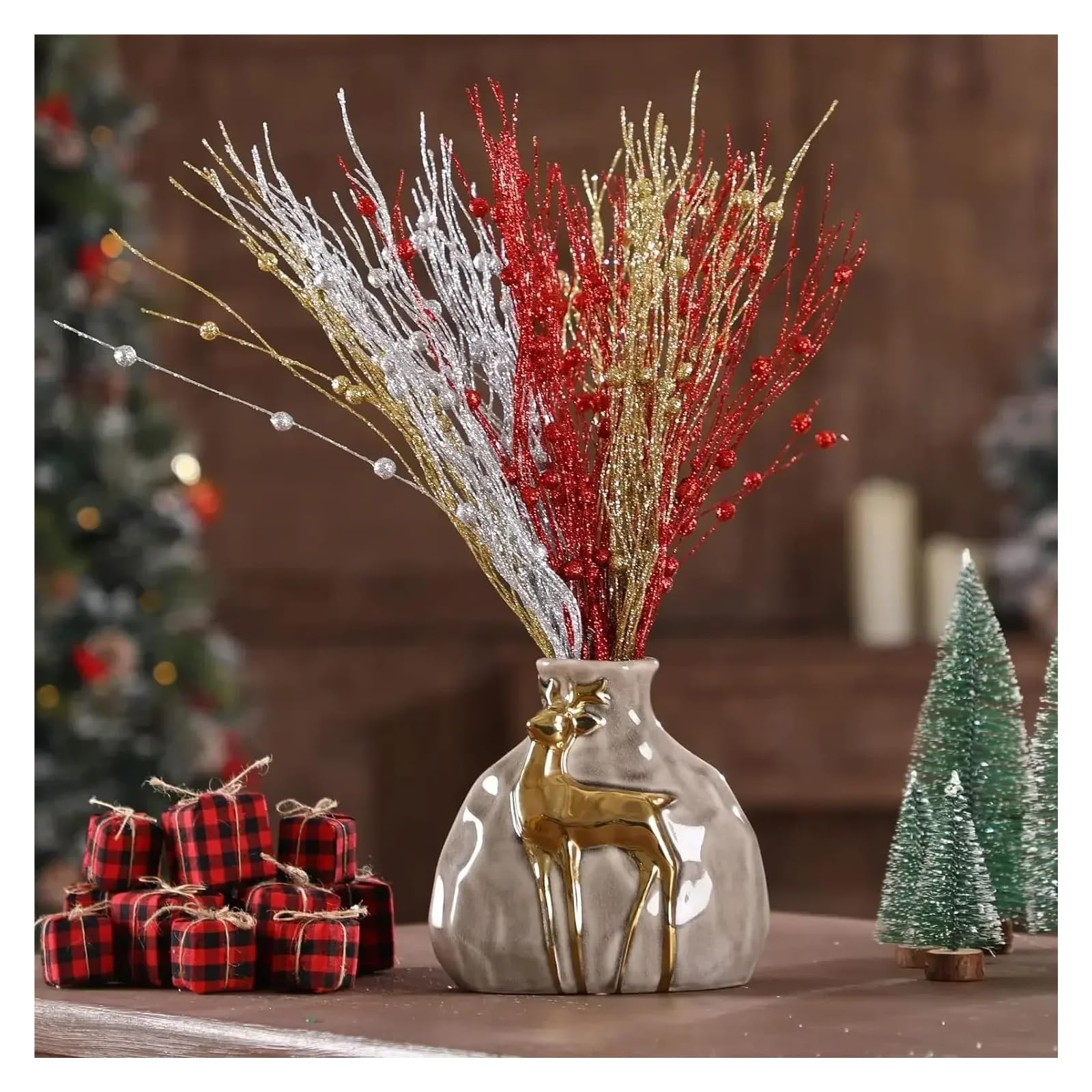 Ramo de ramas con bayas artificiales, Tallos de ramitas bayas artificiales con purpurina multicolor 43 cm 1-10 piezas(Red With Berry,10PCS)