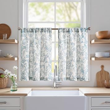 jinchan Floral Kitchen Curtains for Windows 30 Inch Farmhouse Rustic Linen Blend Tier Curtains Light Filtering Botanic Small Window Drapes for Bedroom Living Room Rod Pocket 2 Panels Blue on Beige