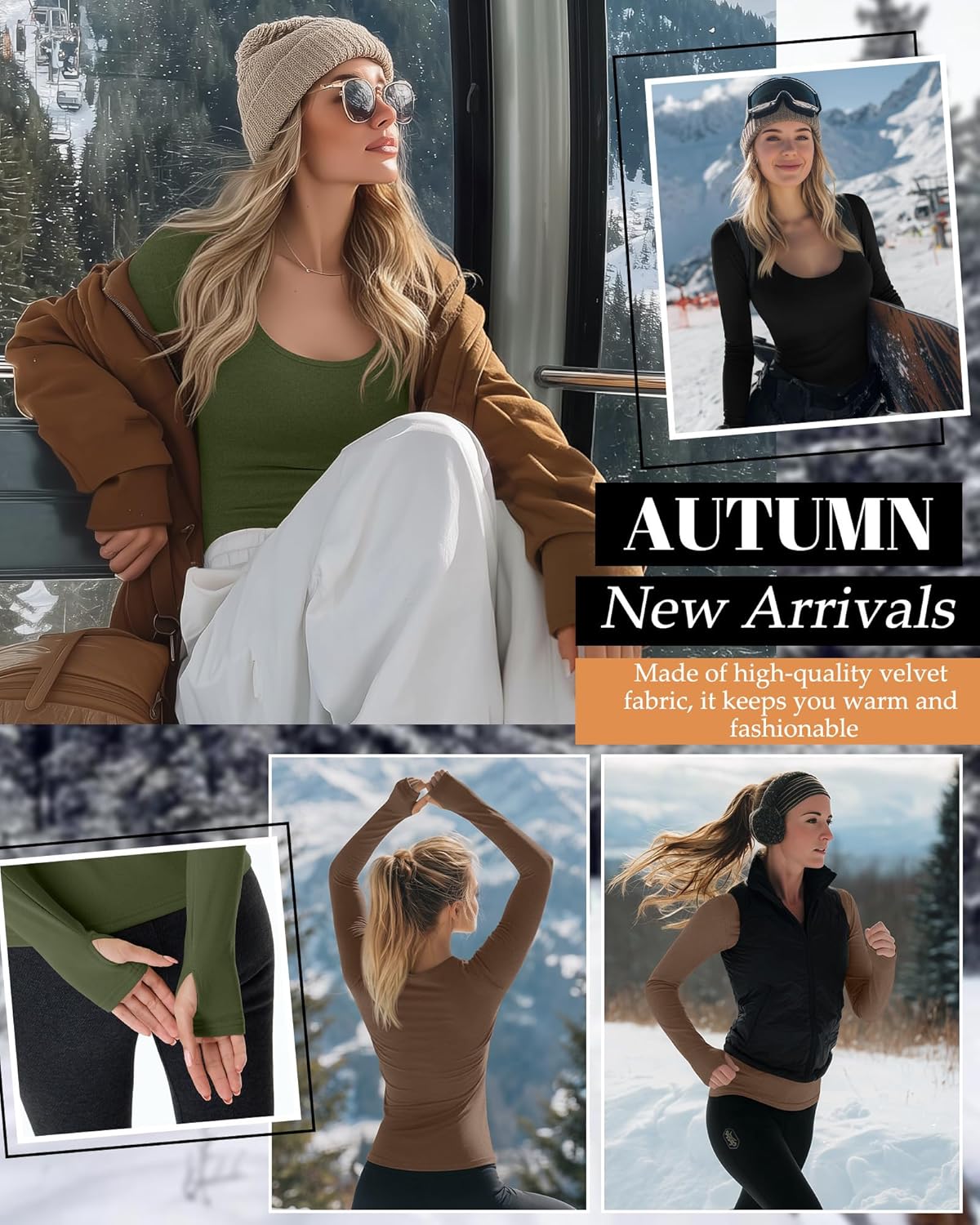 Riyiper 3 Pack Women's Thermal Long Sleeve Shirts, Fleece Scoop Neck Fitted Top Stretchy Thumb Holes Undershirt Baselayer Tee - Image 2