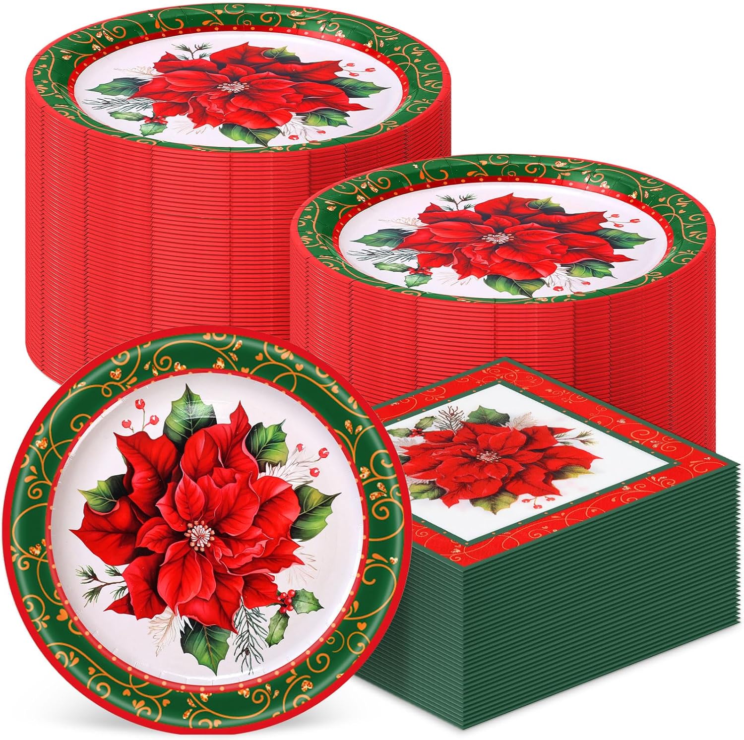 Zhehao 120 Pcs Christmas Paper Plates and Napkins Bulk Disposable Red and Green Poinsettia Plates Napkins Christmas Party Decoration Poinsettia Dinnerware Set for Xmas Christmas Party Supplies