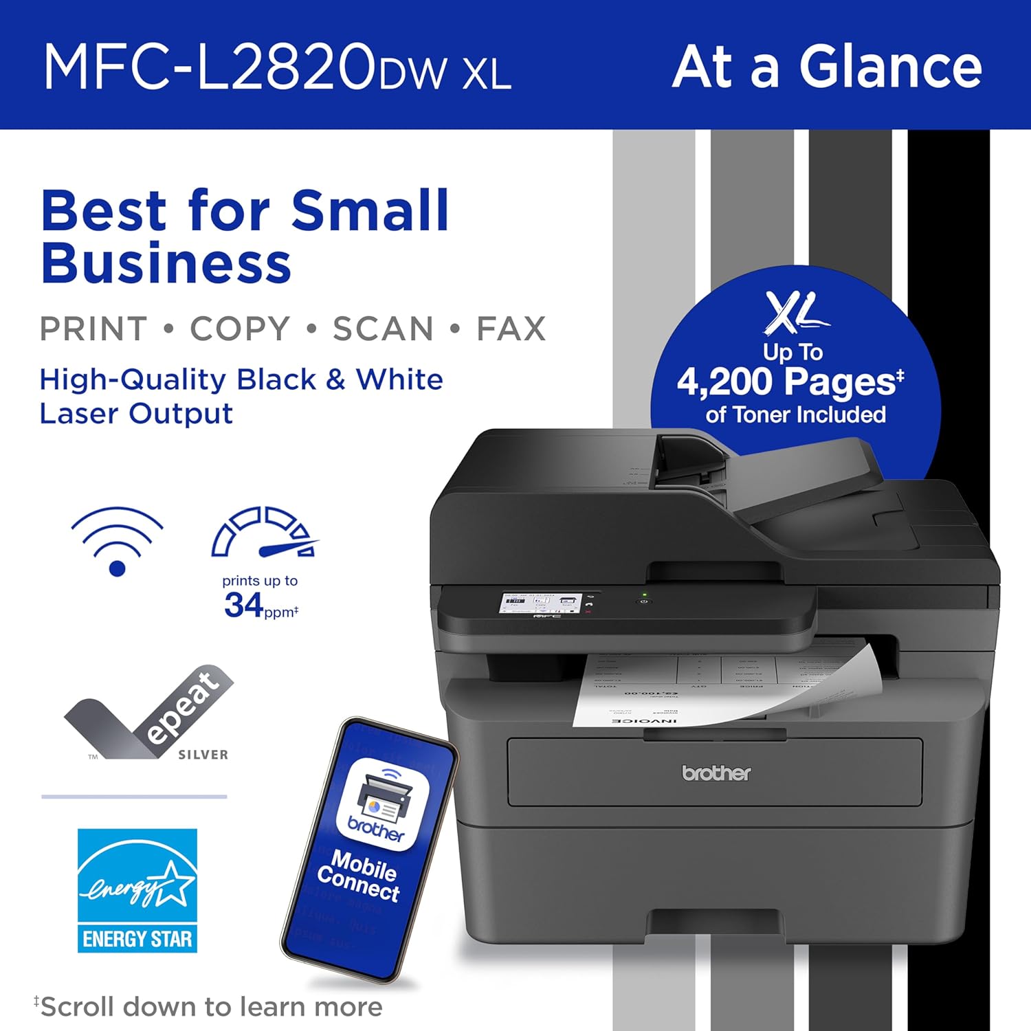 Brother MFC-L2820DW XL Wireless Compact Monochrome All-in-One Laser Printer with Copy, Scan and Fax, Duplex, Black & White | Up to 4,200 Pages of Toner Included(1), Works with Alexa
