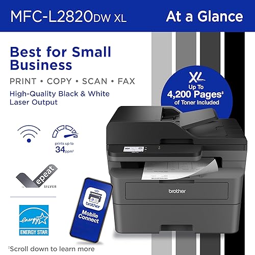 Miniatura 10 de Brother MFC-L2820DW Impresora láser inalámbrica compacta monocromática todo en uno con copia, escaneo y fax, dúplex, blanco y negro  Incluye prueba