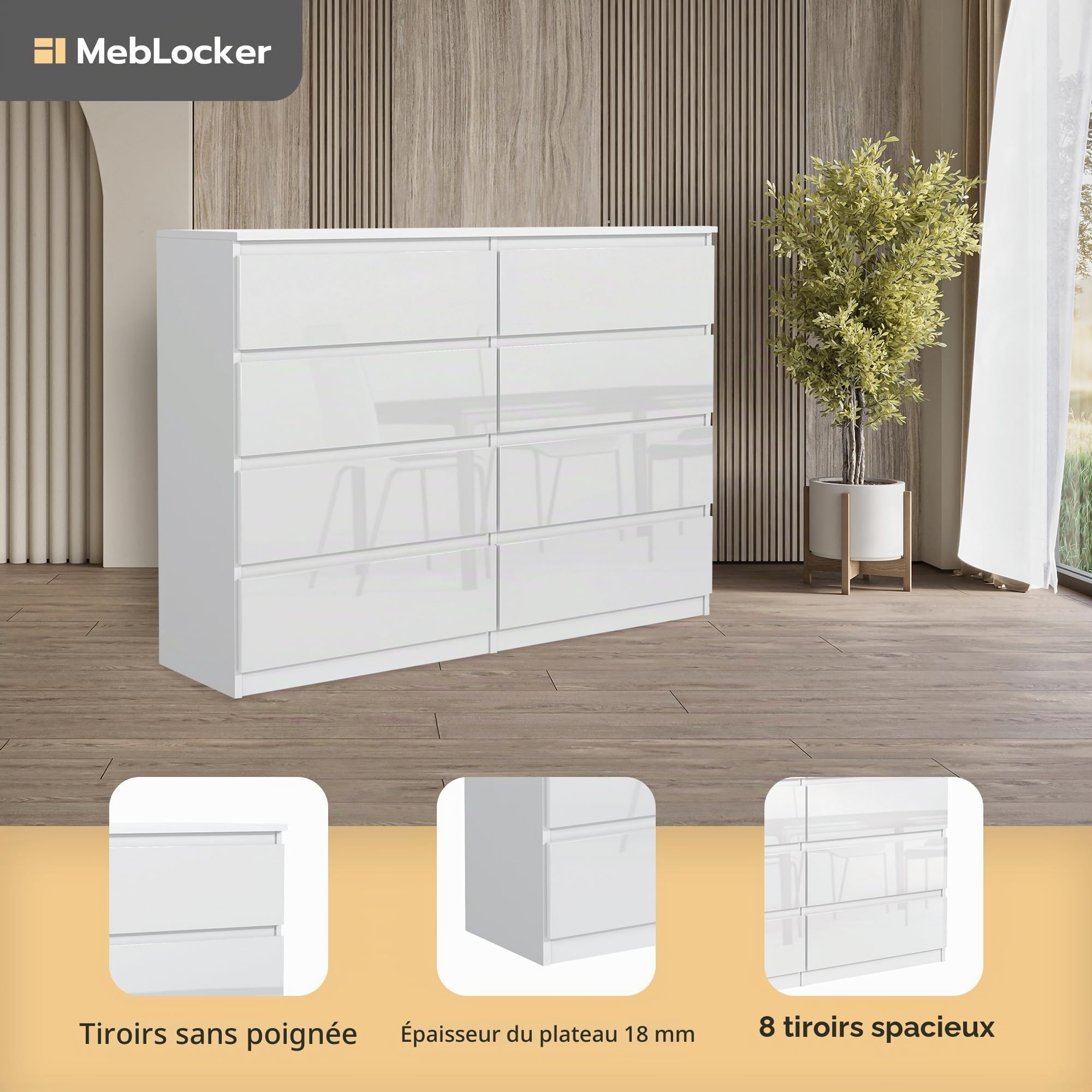 Commode 140 cm, 8 tiroirs, Blanc avec des Façades Brillantes | Commode Moderne, Meuble de rangement, Buffet Salon, Commode Chambre, Armoire à tiroirs 138,5x101,5x39 cm