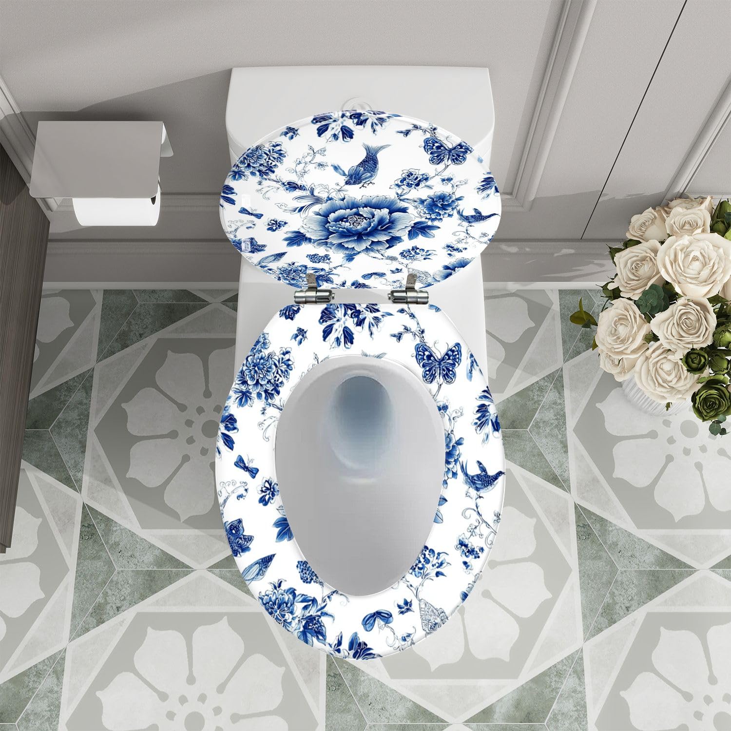 Asiento de inodoro alargado de resina blanca con cierre suave para baño.