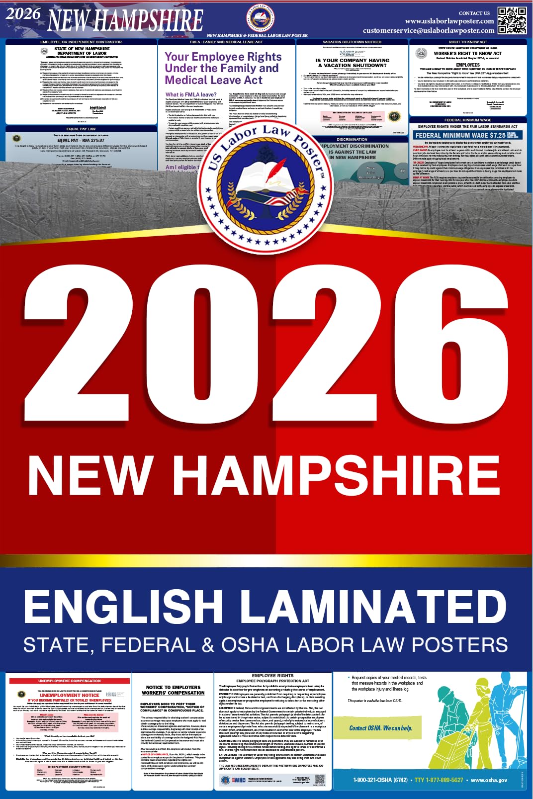 2026 New Hampshire NH All-in-One Workplace Compliance & Labor Law Poster (Federal State & OSHA) English Laminated