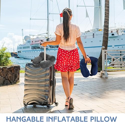 Miniatura 5 de Sintuff 6 almohadas inflables de viaje para aviones con bolsa compacta y venda para los ojos, almohadas inflables de terciopelo suave para viajes,