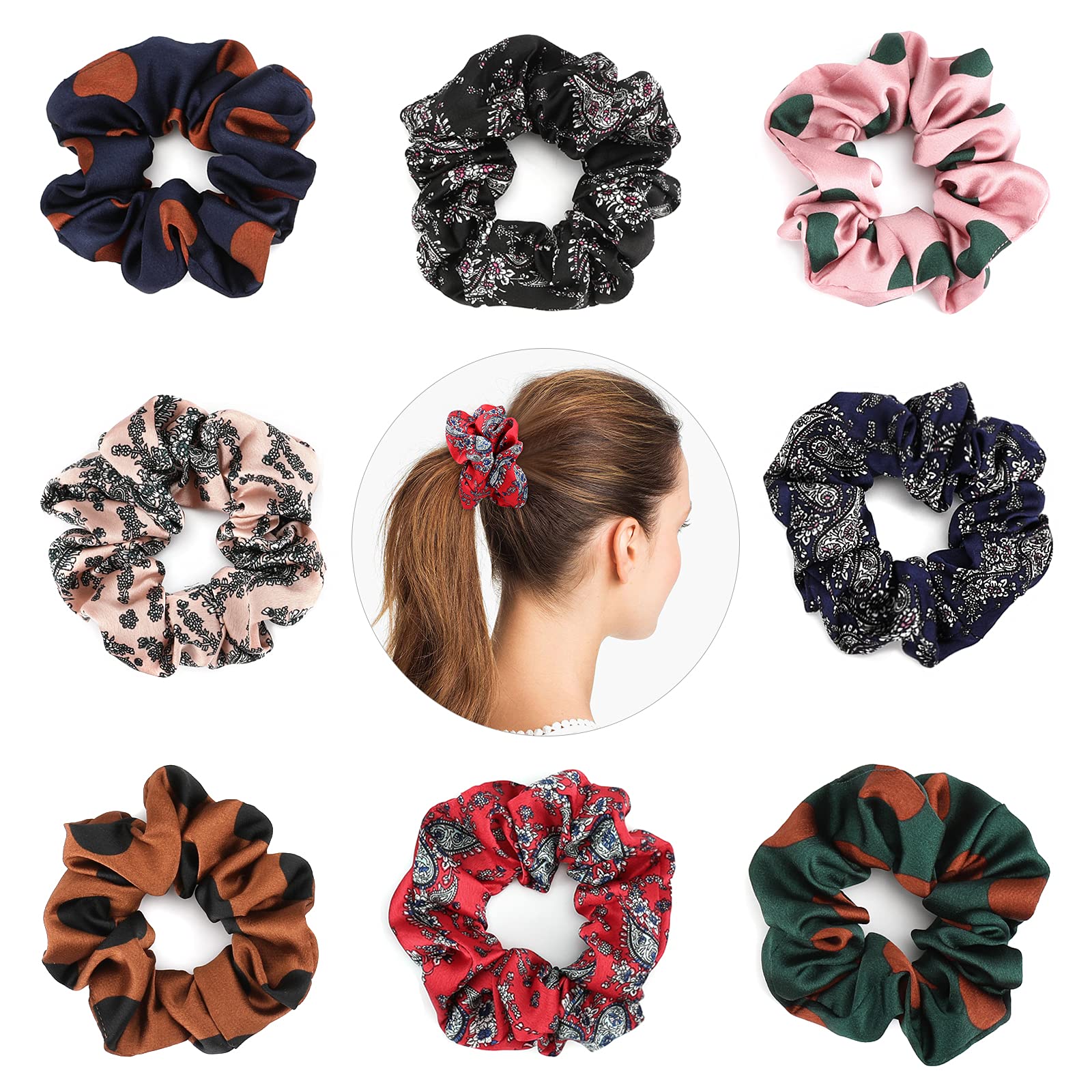 Emibele Hair Scrunchies, 8 Pcs Hair Ties, Elastic Hair Bands Bohemian Style Ponytail Decoration for Women & Girls Hair Accessories for Thin or Thick Hair with Strong Elastic, Multicolor
