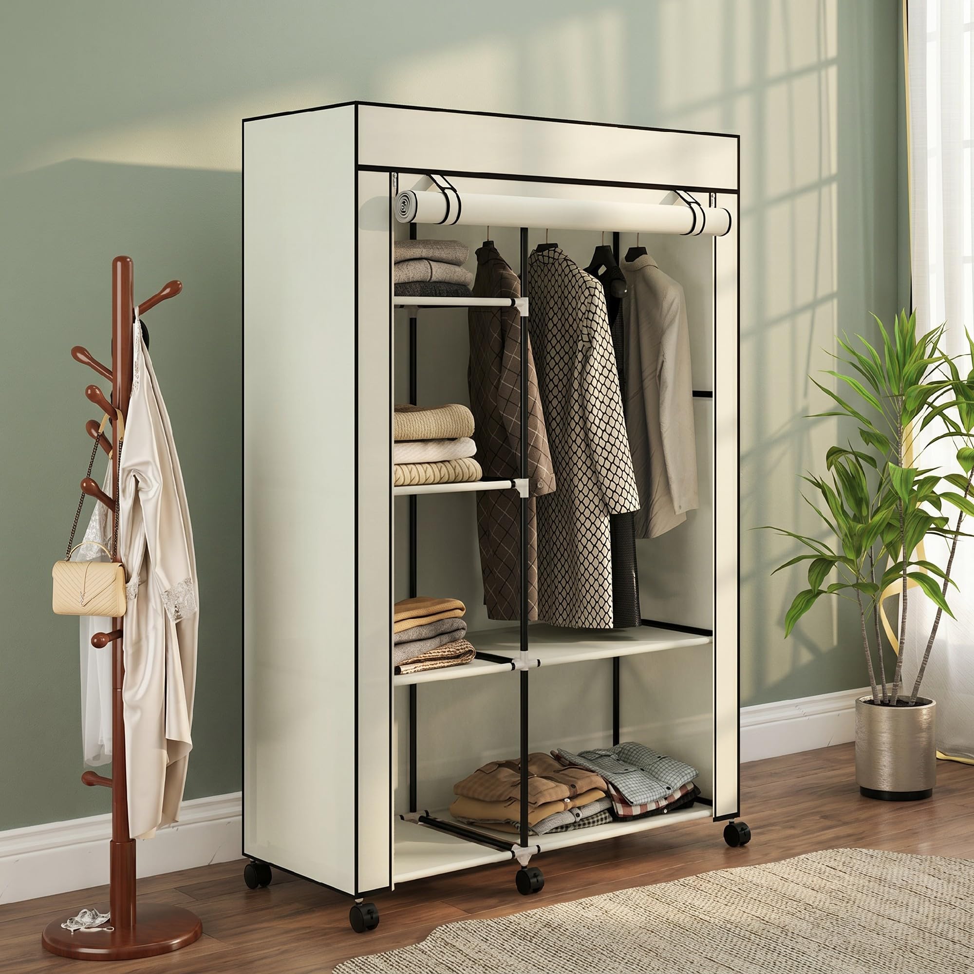 HOMCOM Armoire penderie en Tissu Meuble de Rangement Mobile 6 roulettes avec Tringle à vêtements et étagères Ouvertes penderie vêtement Dressing Roulant pour Chambre à Coucher 103x43x162,5cm crème