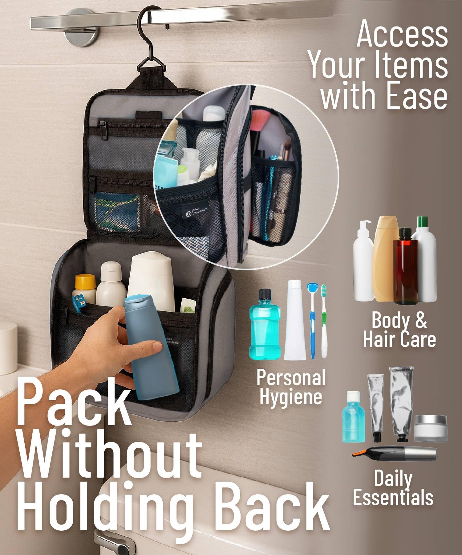 D&D Kulturbeutel zum Aufhängen für Damen und Herren - Kosmetik-, Make-up- und Toilettenartikel-Organizer-Set mit 10 Fächern, Reißverschlüssen, XXL-Metall-Drehhaken, wasserabweisendes Nylon
