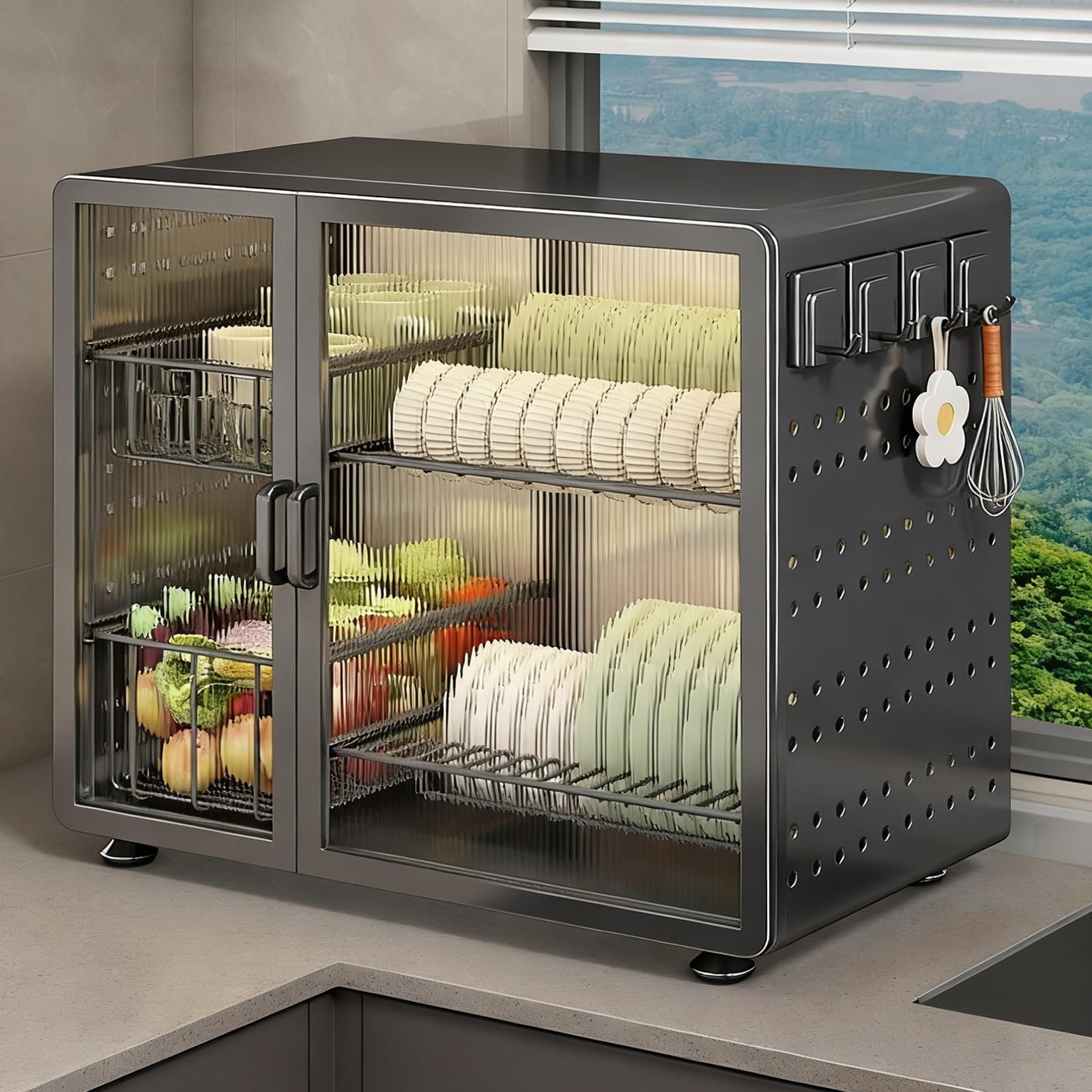 Scolapiatti a due ripiani grigio canna di fucile – sopra il lavello con coperchio magnetico per una soluzione efficiente di asciugatura dei piatti in cucina e sul piano di lavoro (A2)