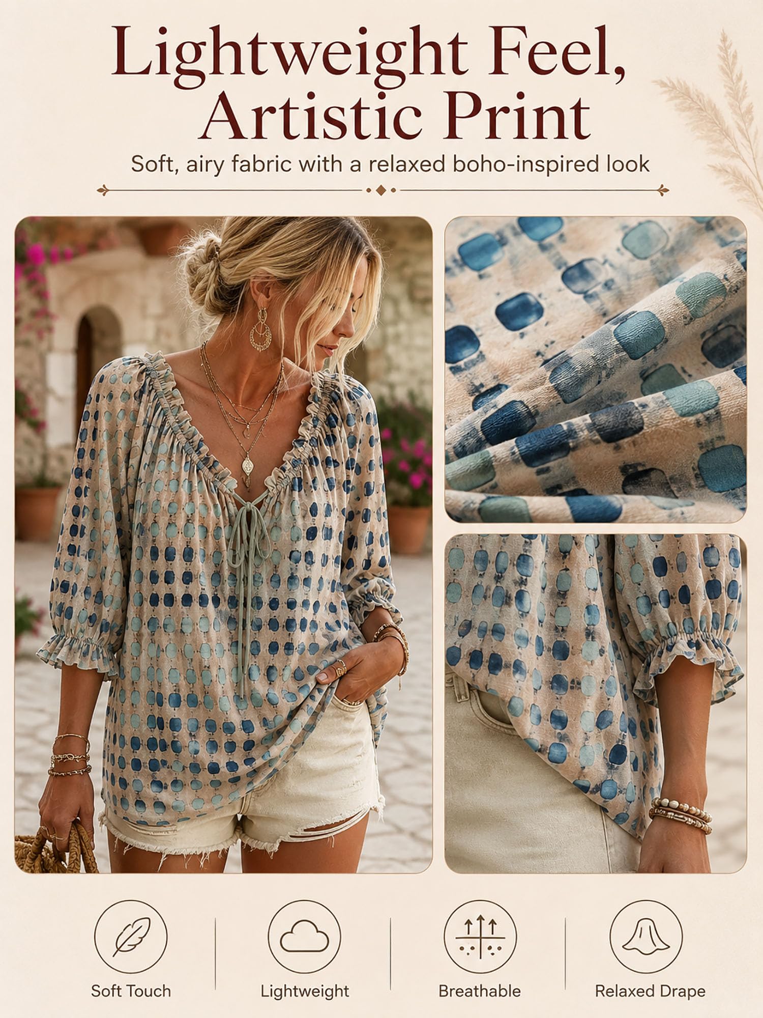 Polka Dot Lace Up Blouse for Women, V Neck Ruffle 3/4 Sleeve Summer Casual Loose Flowy Boho Tops