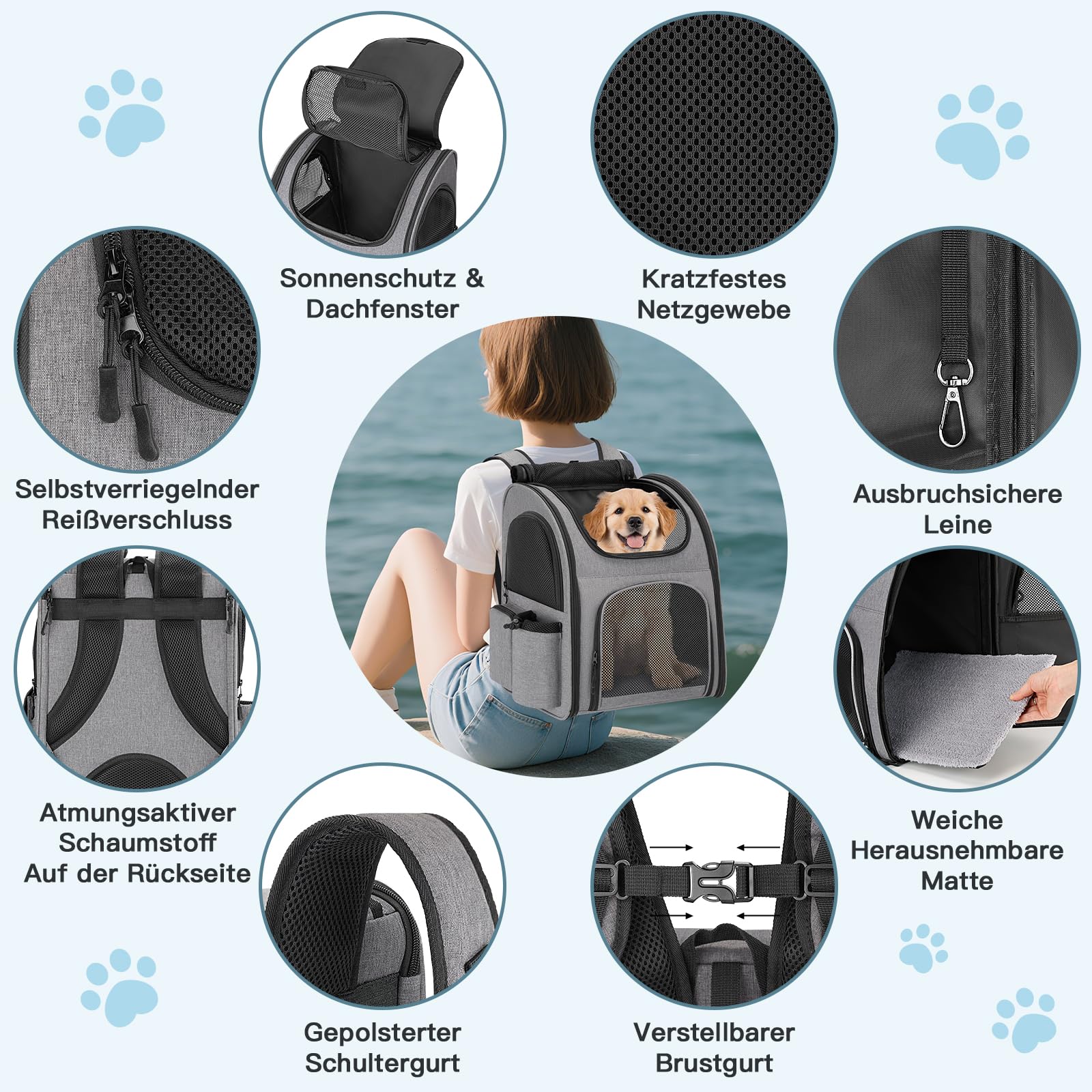 Hunderucksack bis 10kg, Haustier Rucksack mit Netzfenster, Faltbare Katzenrucksack Hunde Rucksack, Atmungsaktive und Leichte Dog Cat Backpack mit Innerer Sicherheitsleine und Haustiermatte - Grau