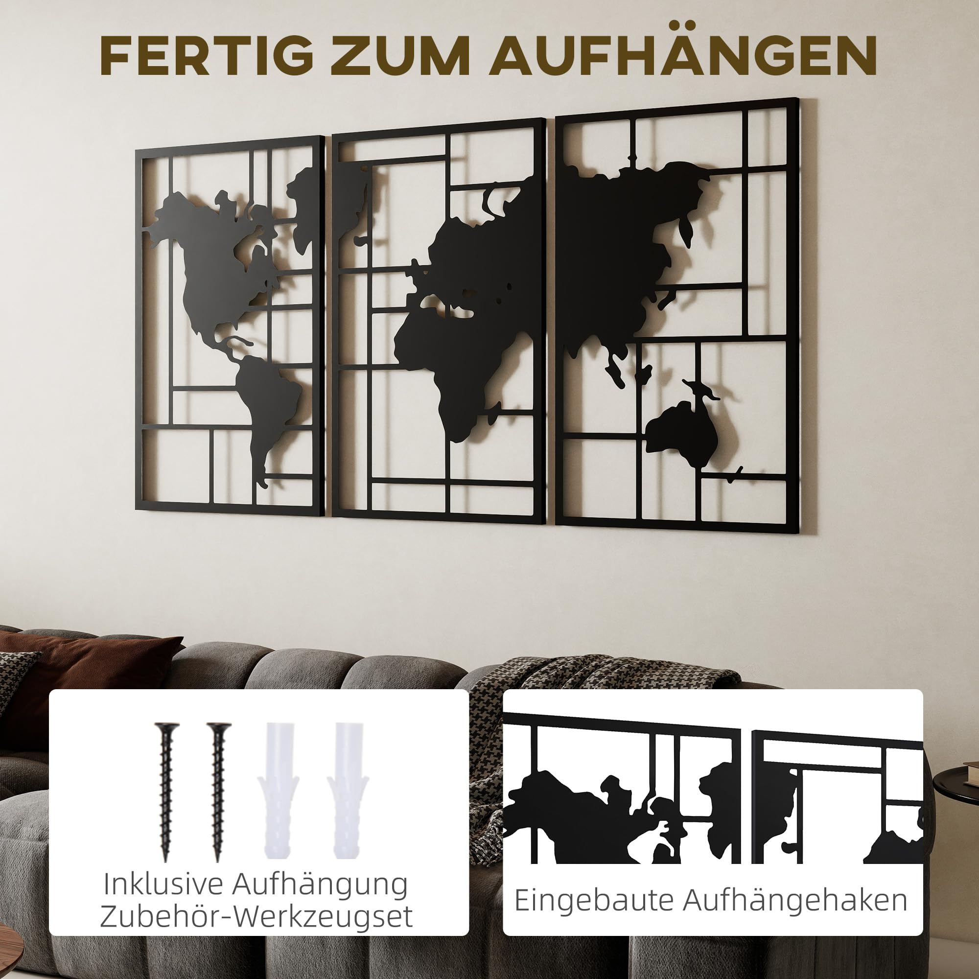 HOMCOM Wanddeko Weltkarte Metall 3er-Set 3D Wanddekoration Wandkunst für Wohnzimmer Schlafzimmer Flur, 50 x 80 cm, Schwarz