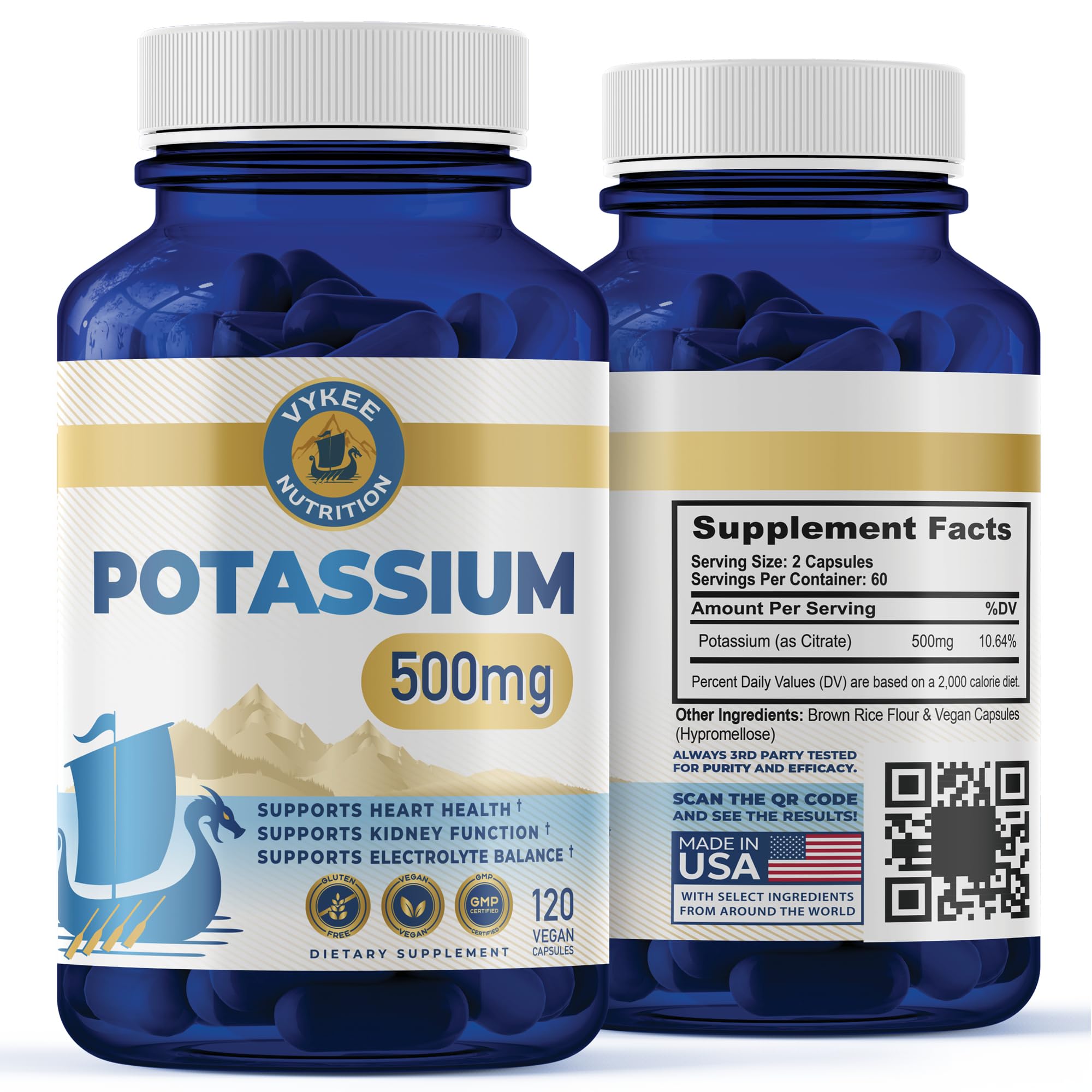 Cápsulas de citrato de potasio de Vykee Nutrition: 500 mg de potasio de alta potencia por porción | Favorece la función muscular, el equilibrio electrolítico y la salud cardiovascular | Vegano, sin OMG, 120 cápsulas
