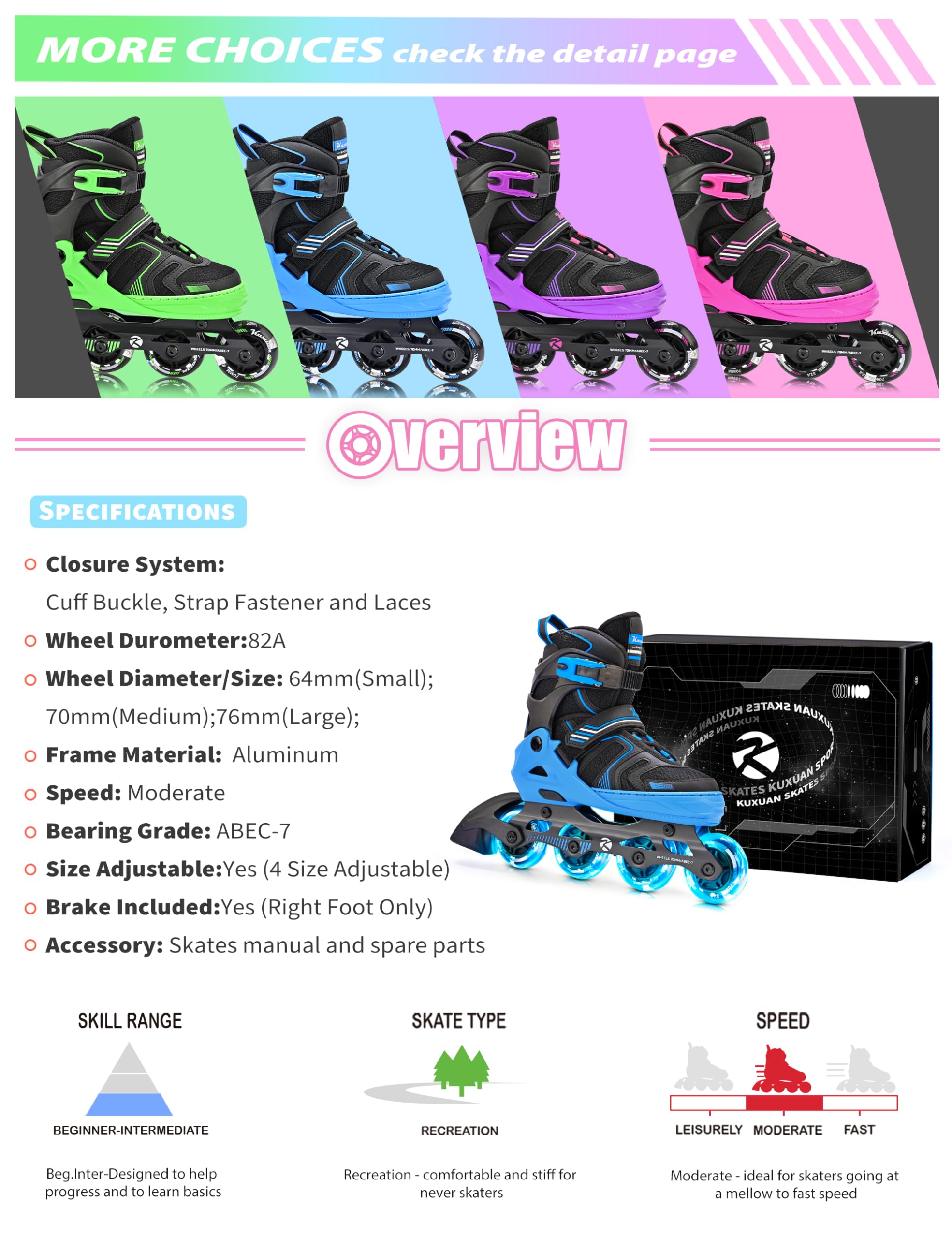 Kuxuan Skates Patins à roulettes réglables pour garçons, filles, enfants avec roues lumineuses, pour adolescents, débutants, femmes