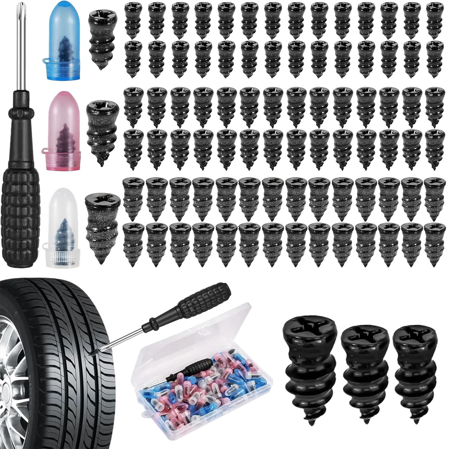84PCS Tyre Repair Kit 3 Sizes Car Tyre Plugs with Screwdriver, Tubeless Tyre Puncture Repair Kit for Car, Truck, SUV, Motorcycle Tractor Tires, Quick Emergency Puncture Repairing, Box Packing