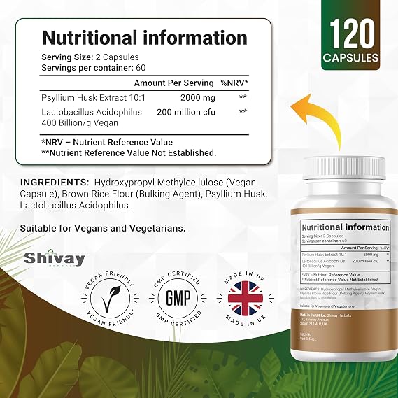 Psyllium Husk Fibre Capsules with Probiotic | 2000mg Psyllium + Lactobacillus Acidophilus Per Serving | 120 Vegan Capsules | Probiotics & Natural Soluble Fibre Supplement Made in the UK Shivay Herbals