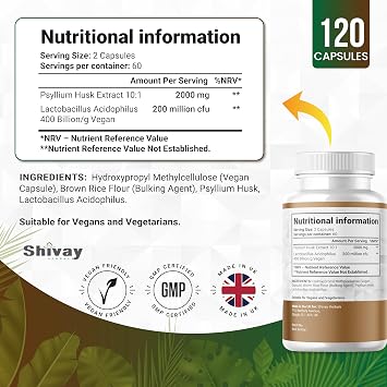 Psyllium Husk Fibre Capsules with Probiotic | 2000mg Psyllium + Lactobacillus Acidophilus Per Serving | 120 Vegan Capsules | Probiotics & Natural Soluble Fibre Supplement Made in the UK Shivay Herbals