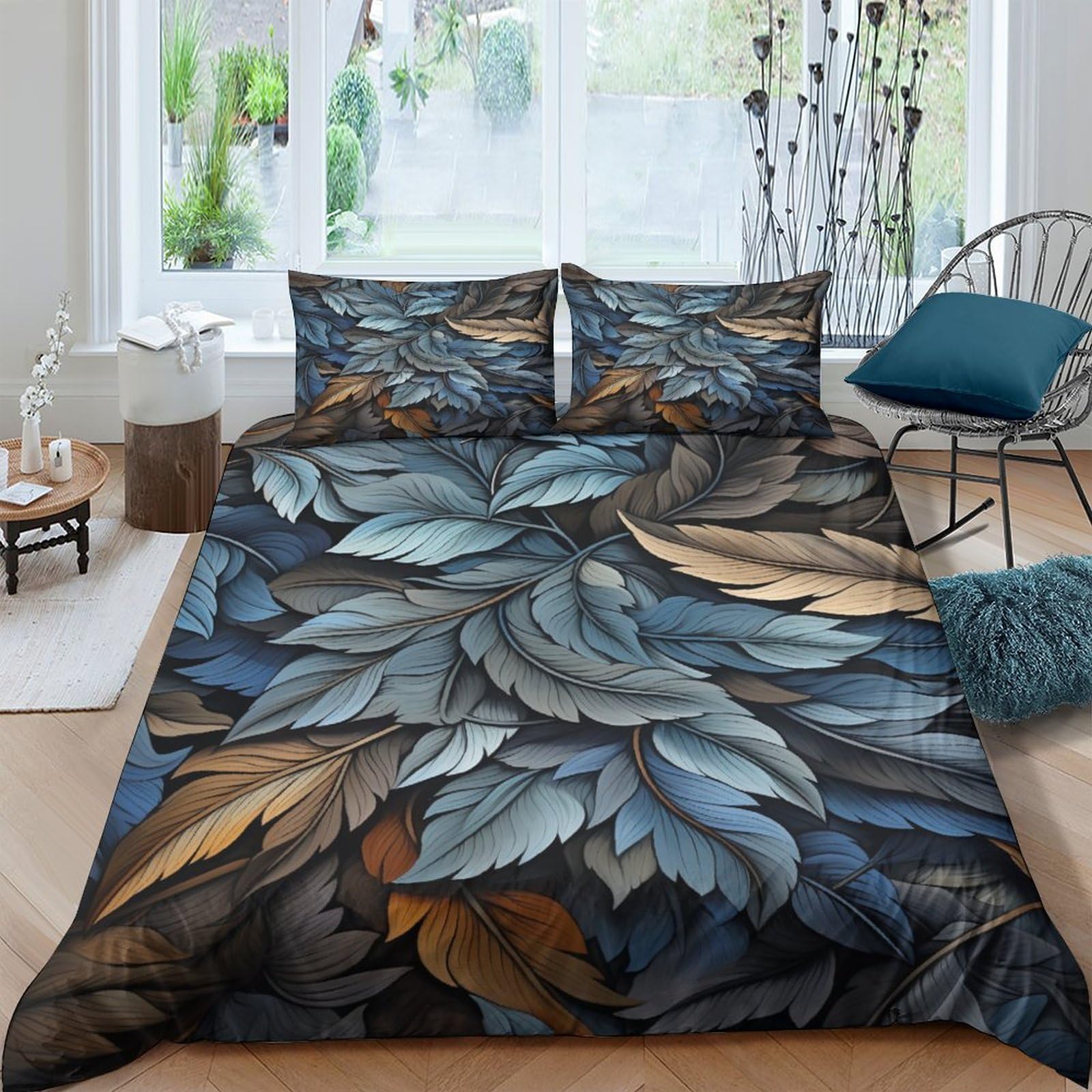 Parure de lit motif feuilles bleu gris housse de couette 3D adulte enfant