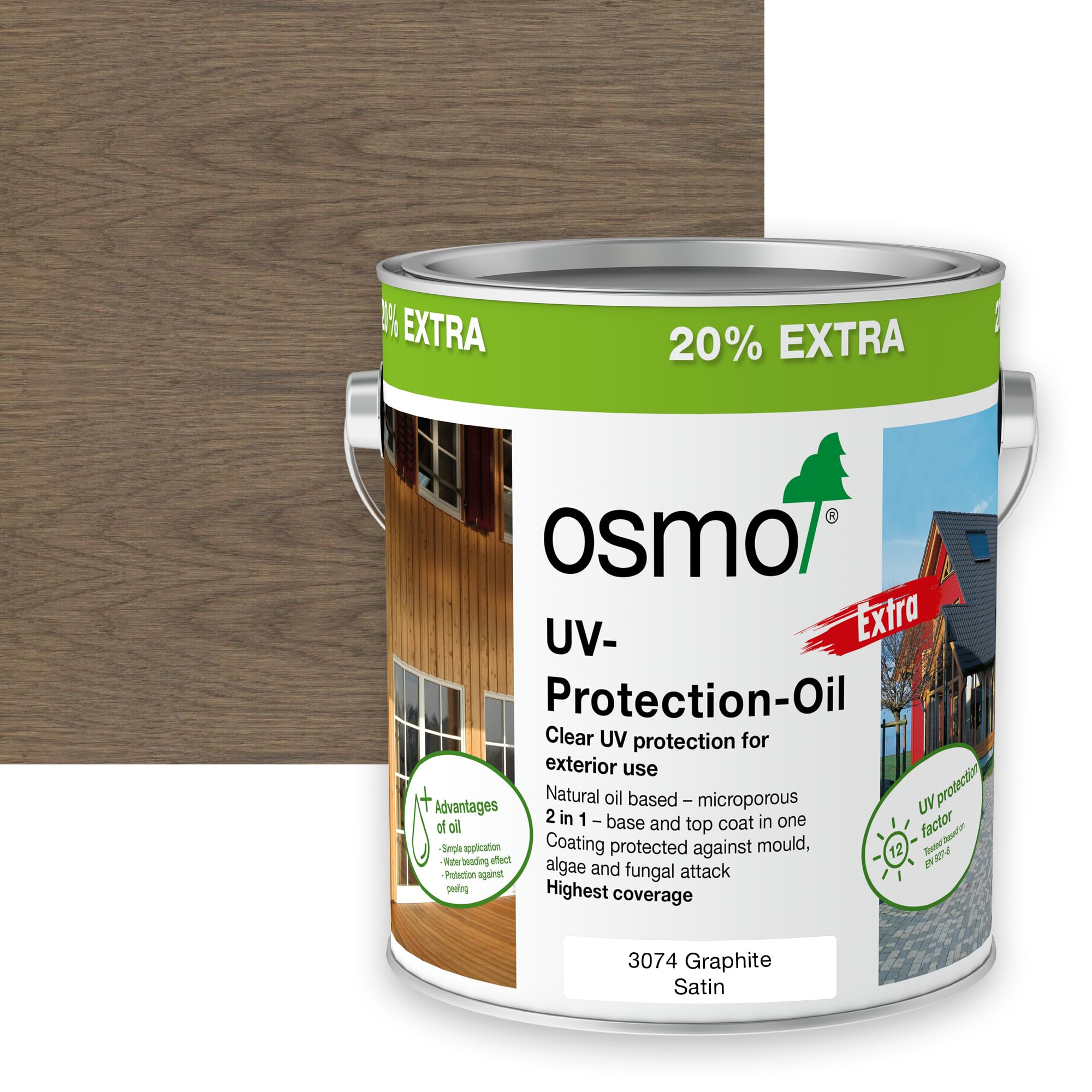 Osmo 3074 Graphite Uv Protection Oil Extra, Exterior Wood Finish, Tinted, 3L (Satin, )