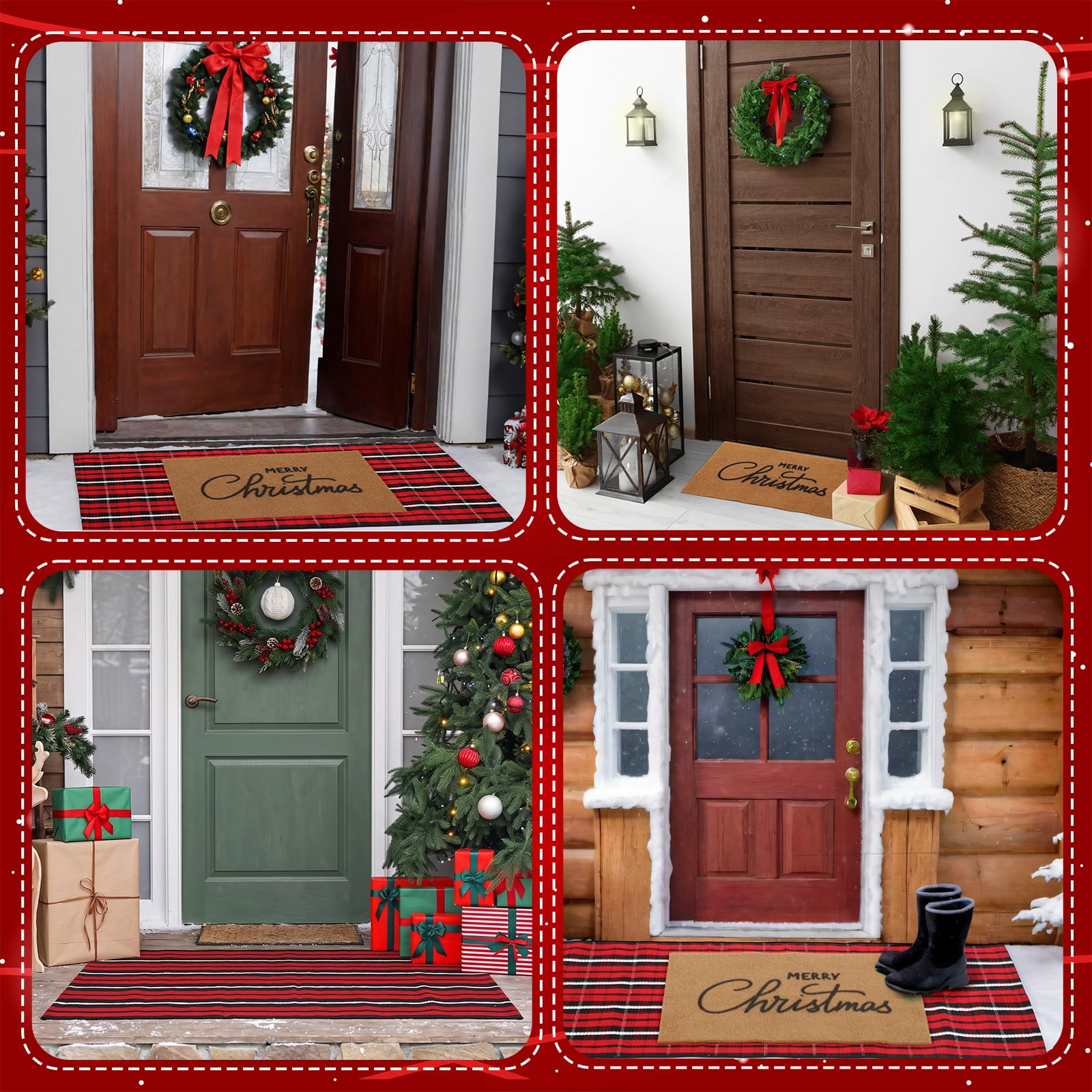 2 felpudos de Navidad de 24 x 51 pulgadas, felpudo de bienvenida al aire libre y 18 x 28 pulgadas, tapete de fibra de coco antideslizante para entrada exterior, porche delantero (cuadros