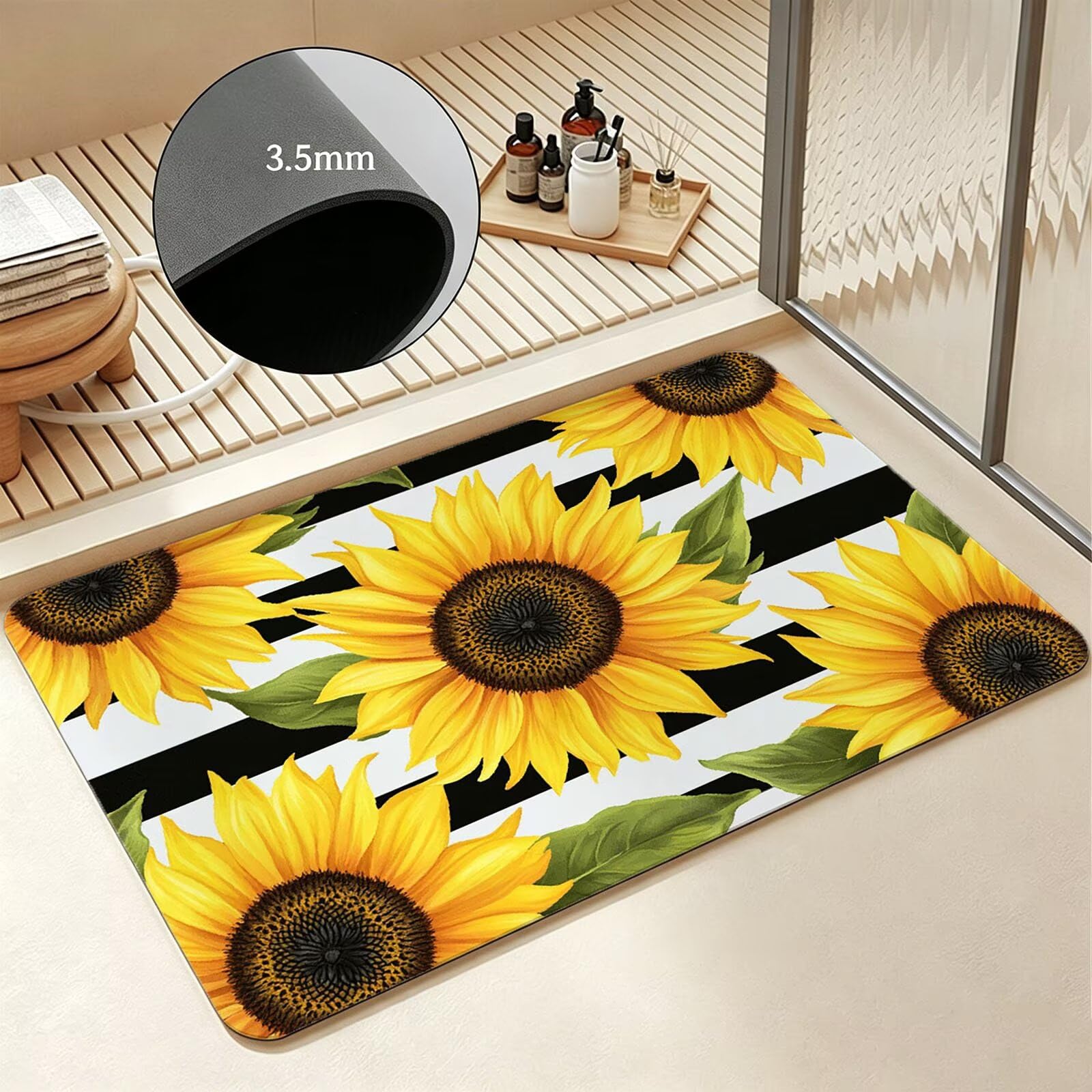 Alfombra de Baño 70 x 120 cm, Alfombra Baño Secado Rapido con Diatomita, Antideslizante Bañera Alfombras Amarillo, Super Absorbente Alfombrilla Ducha Antideslizante para Casa y Cocina, Girasol O-2259