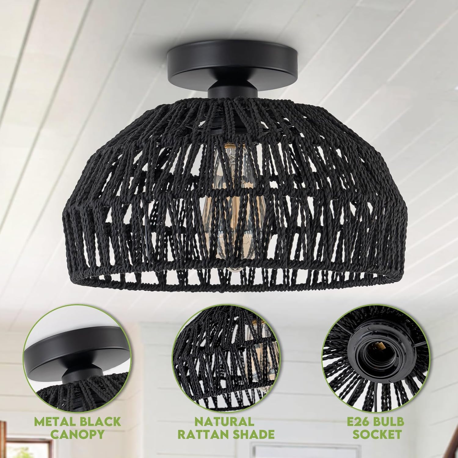 Black Rattan Ceiling Light Fixtures Boho Chandelier Small Woven Flush Ceiling Mount Lighting Fixture Close to Ceiling Light for Bedroom Kitchen Entryway Nursery Lights Hallway