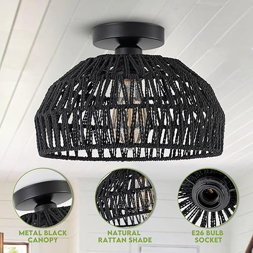 Miniatura 21 de Lámpara de ratán estilo bohemio, lámpara de techo de ratán empotrada, lámpara de techo tejida pequeña de madera, candelabro de ratán