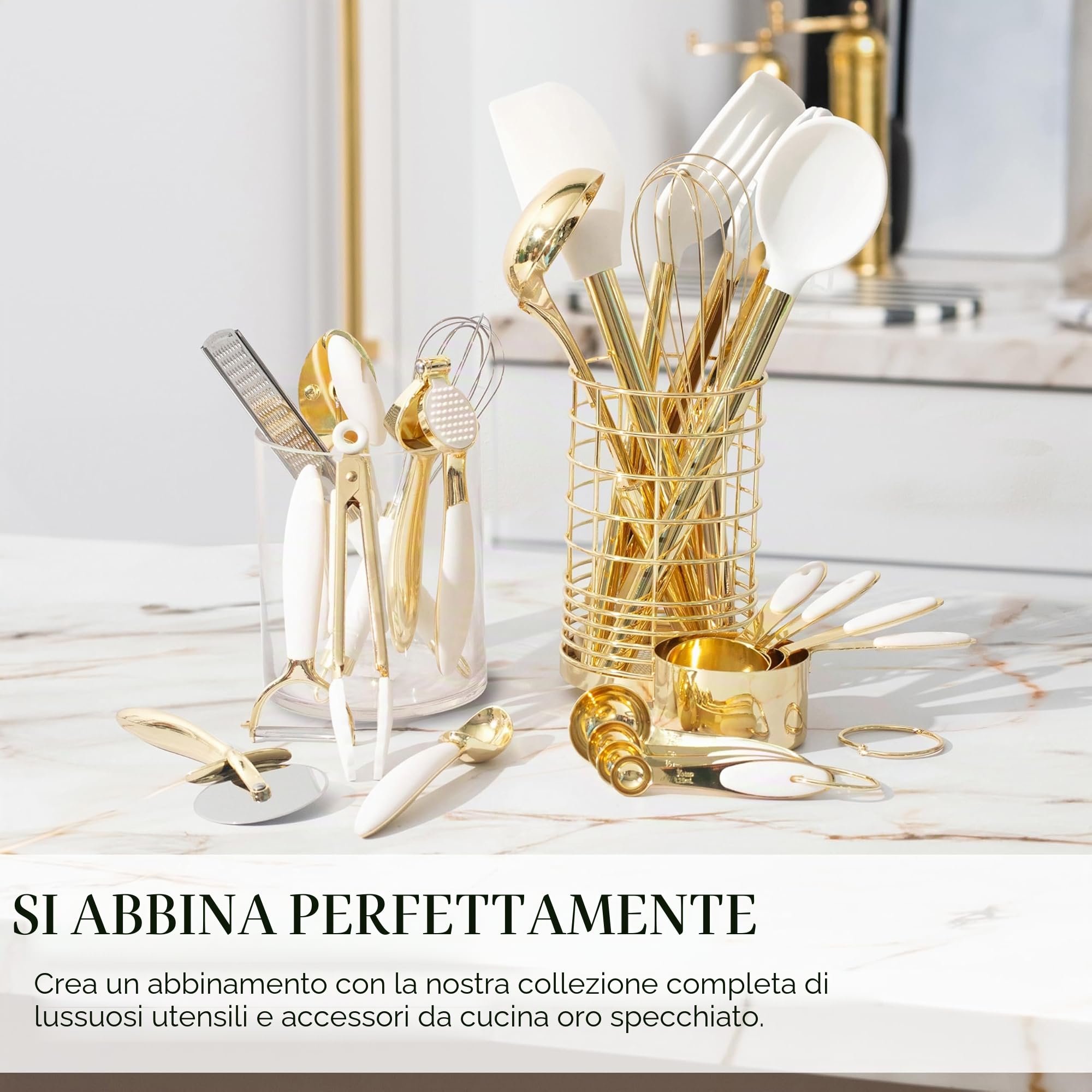 Styled Settings Set di utensili da cucina bianchi e dorati, 8 pezzi | Il set di utensili da cucina include apriscatole, pinze e spremiaglio, accessori da cucina bianchi e oro per la cucina
