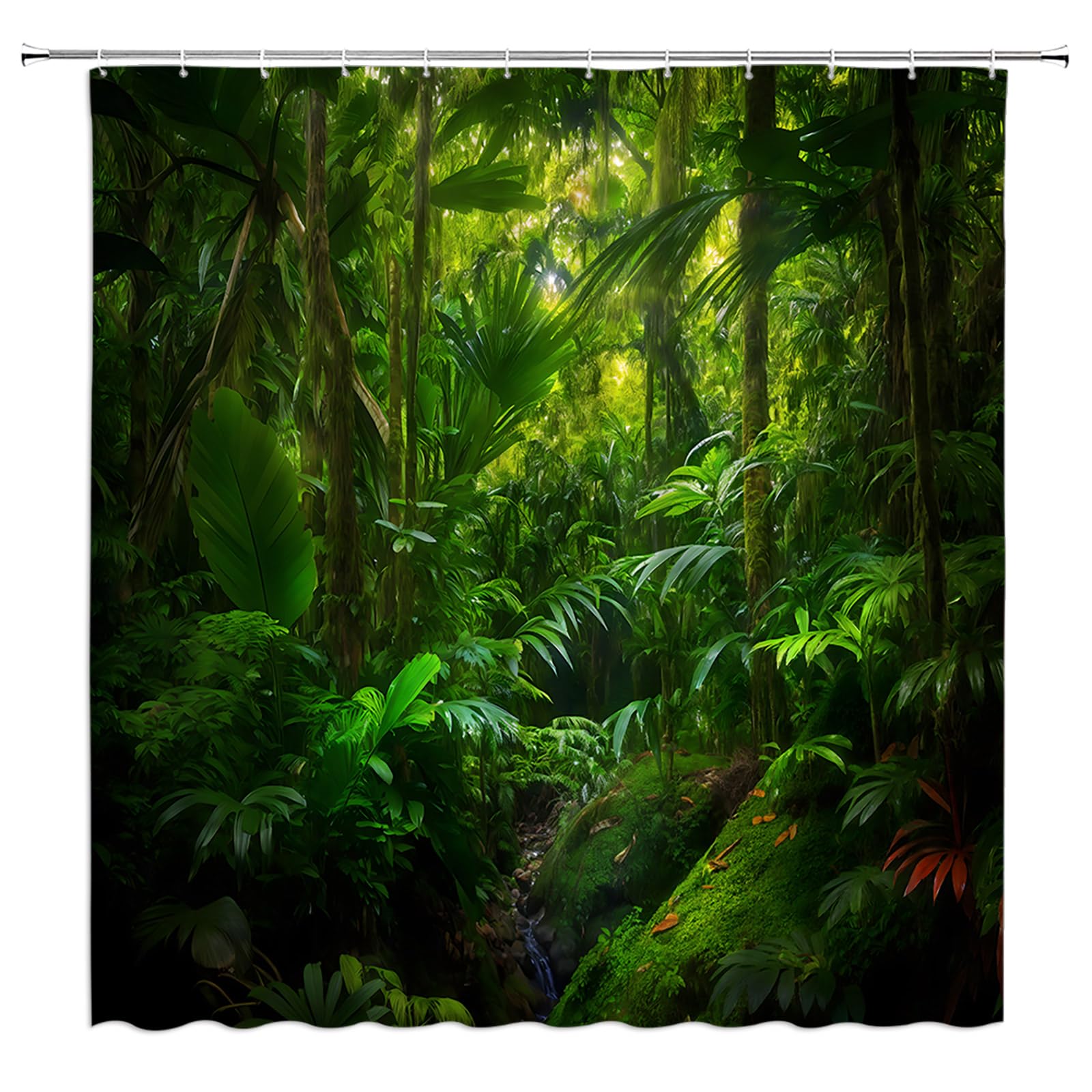 ZNLSU Rainforest Waterfall Shower Curtain Nature Green Tropical Palm Tree Waterfall Jungle Natural Scenery Landscape 70" WX70 H Bathroom Decor Fabric Curtain with Hooks