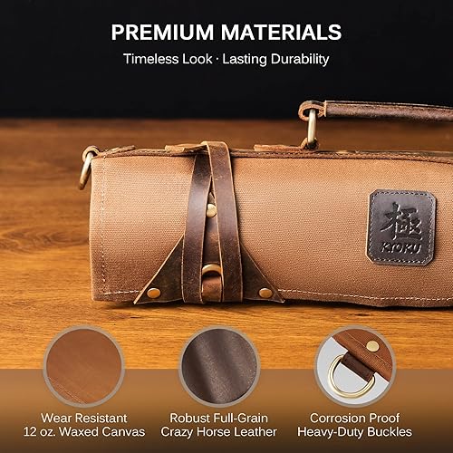 Miniatura 7 de KYOKU Shogun Series - Cuchillo de carnicero para verduras + cuchillo de chef profesional, bolsa enrollable marrón