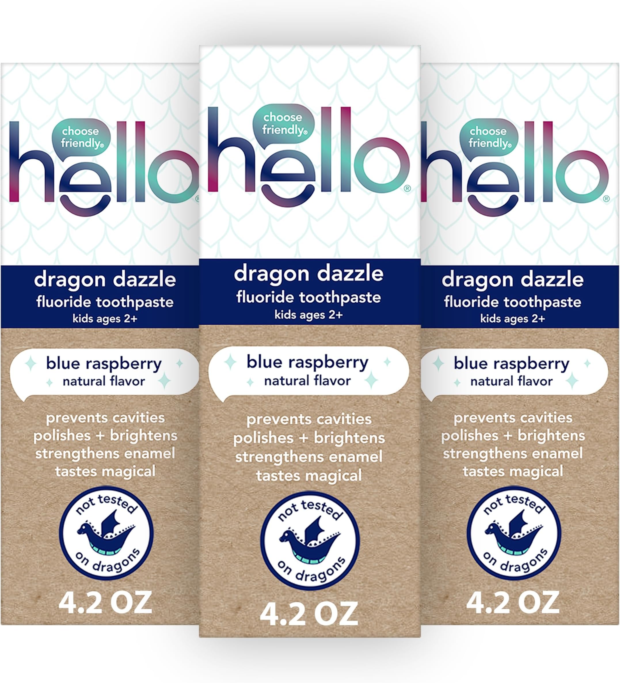 Dragon Dazzle Blue Raspberry Kids Toothpaste, Fluoride Toothpaste, Ages 2+, No Artificial Sweeteners, No SLS, Gluten Free, Vegan, Pack of 3, 4.2 OZ Tubes