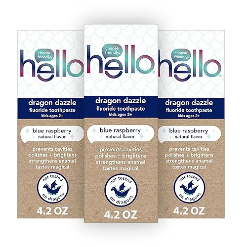 hello Dragon Dazzle Blue Raspberry Kids Pasta de dientes con flúor, a partir de 2 años, sin edulcorantes artificiales, sin SLS, sin gluten, vegano,