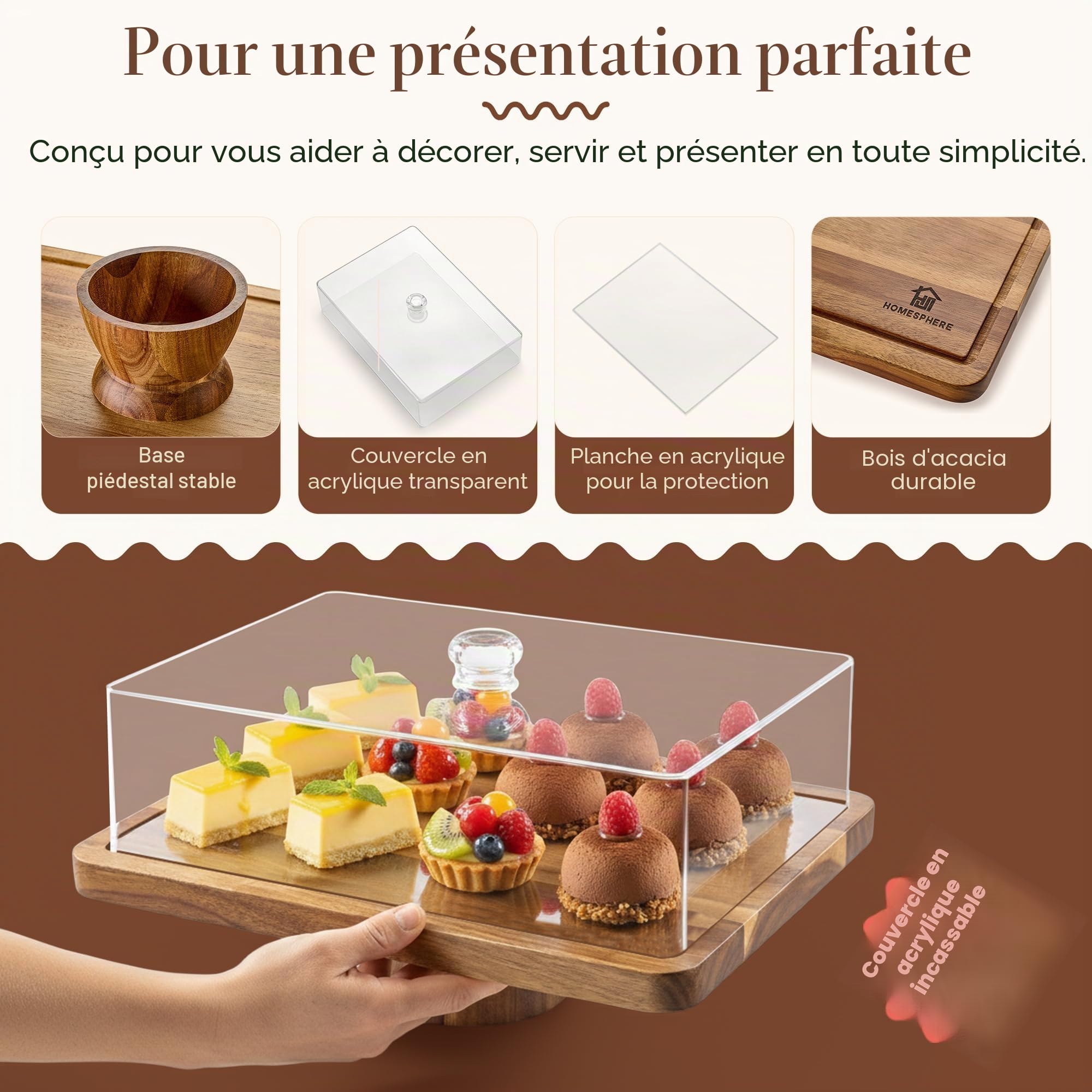 HOMESPHERE Présentoir à gâteau rectangulaire en bois d'acacia avec couvercle – Présentoir à gâteau 2 en 1 – Ensemble de présentation de table à dessert et planche à charcuterie pour fromage, frites