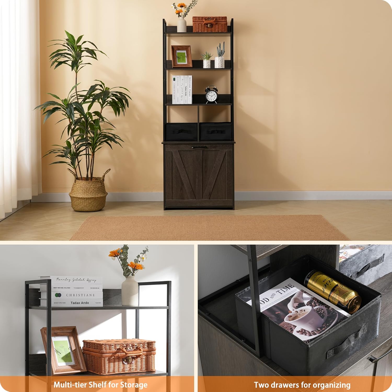 Dwanton Litter Box Enclosure with 3 Storage Shelves and 2 Drawers, 2-in-1 Hidden Cat Litter Box Enclosure Furniture with Shelf, Reversible Entrance, Washable Drawers, 61.8-Inch, Dark Grey
